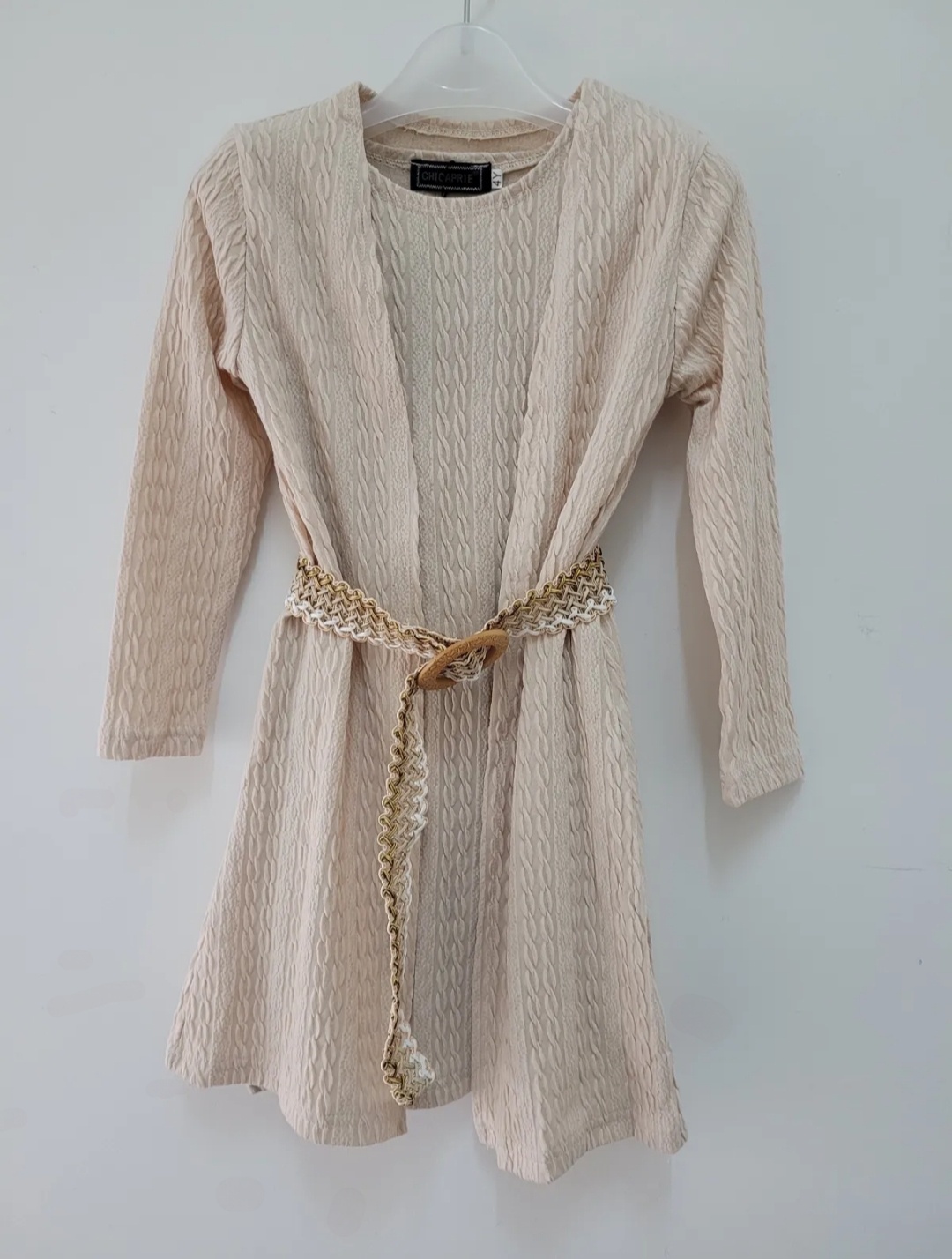 Großhändler Chicaprie - Mädchen-Set mit Langarm-Cardigan, geflochtenem Gürtel und einfarbigem, strukturiertem, gedrehtem Kurzkleid