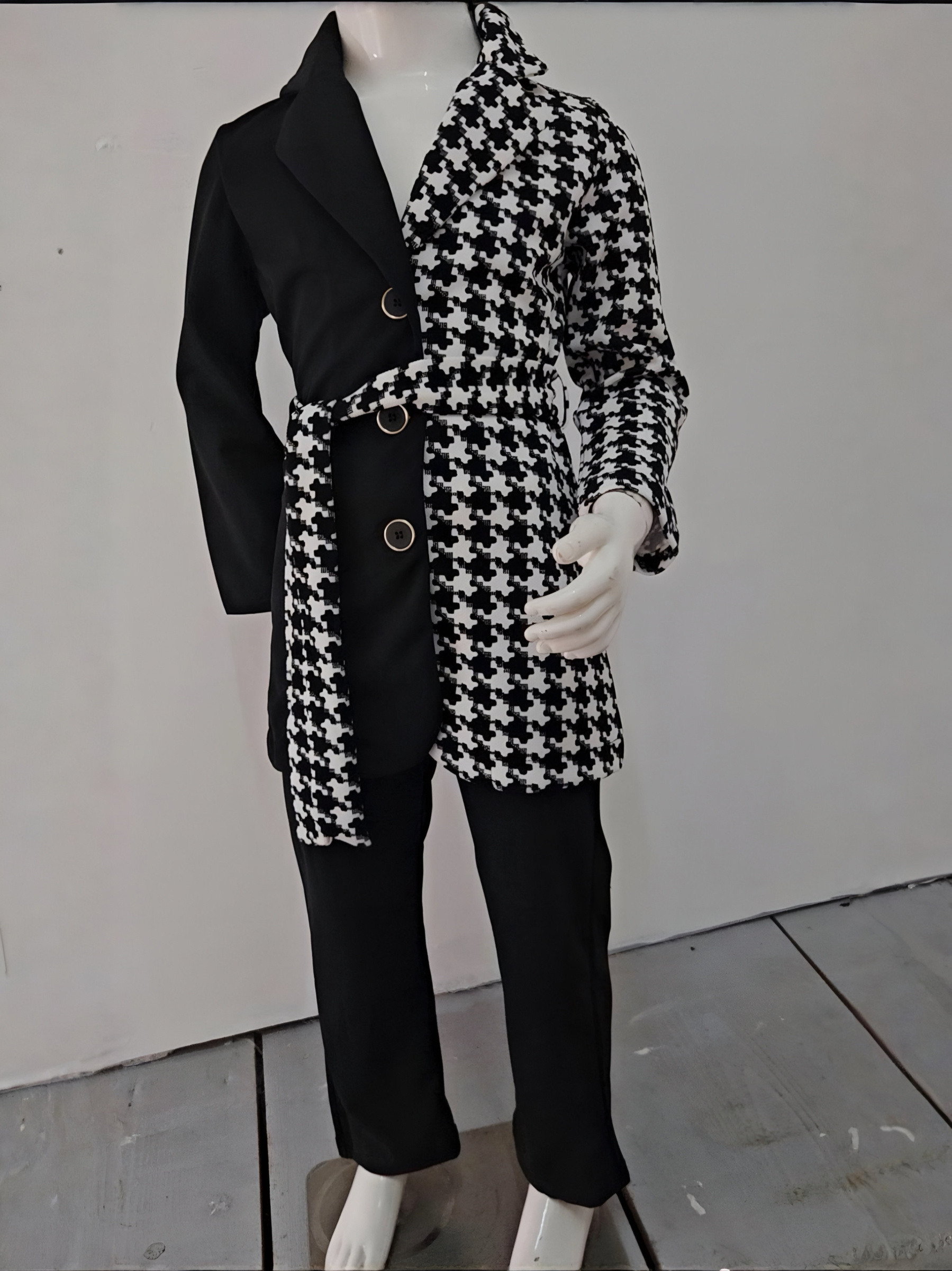 Großhändler Chicaprie - Mädchen Urban Chic Set: Einfarbige und Hahnentritt gemusterte Jacke mit Gürtel und Hose