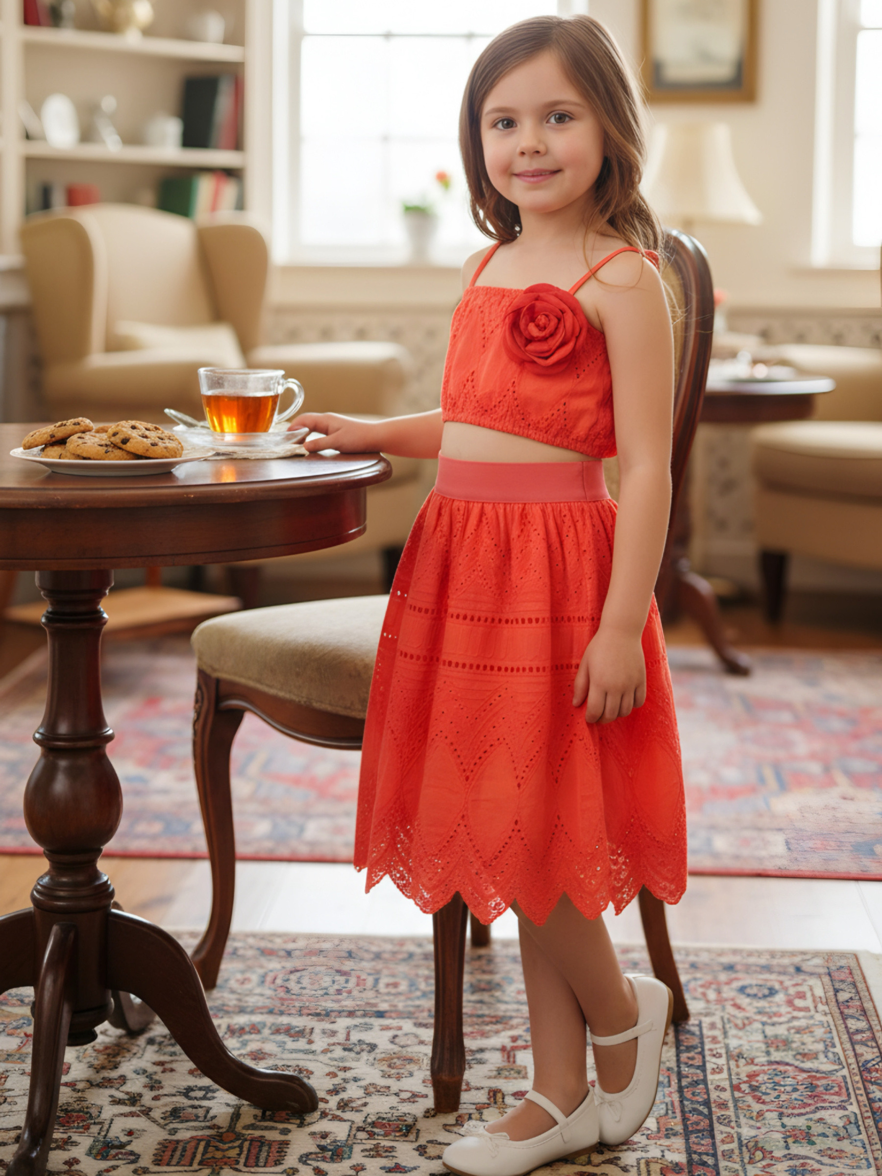 Grossiste Chicaprie - Ensemble Crop Top Bretelles Avec Fleur Et Jupe Uni Léger Bohème Fille