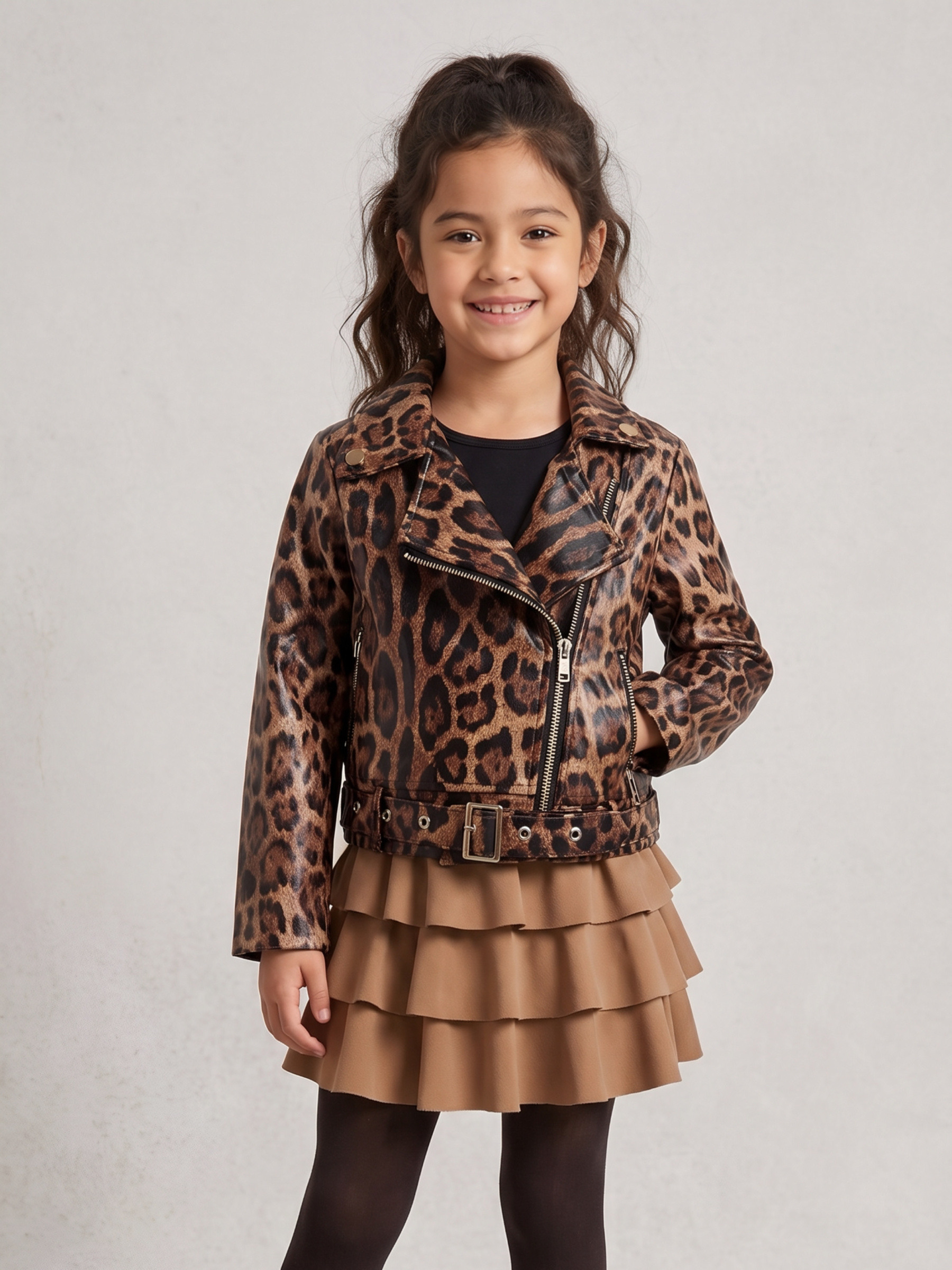 Großhändler Chicaprie - Leoparden-Zip-Blazer-Set mit einfarbigen Shorts und Rock-Vibe-Thema Mädchen T-Shirt
