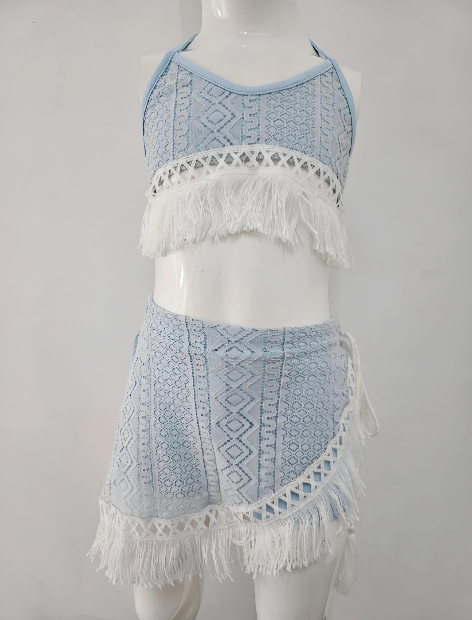 Grossiste Chicaprie - Ensemble Crop Top Motifs Et Franges Uni Avec Jupe Légère Fille