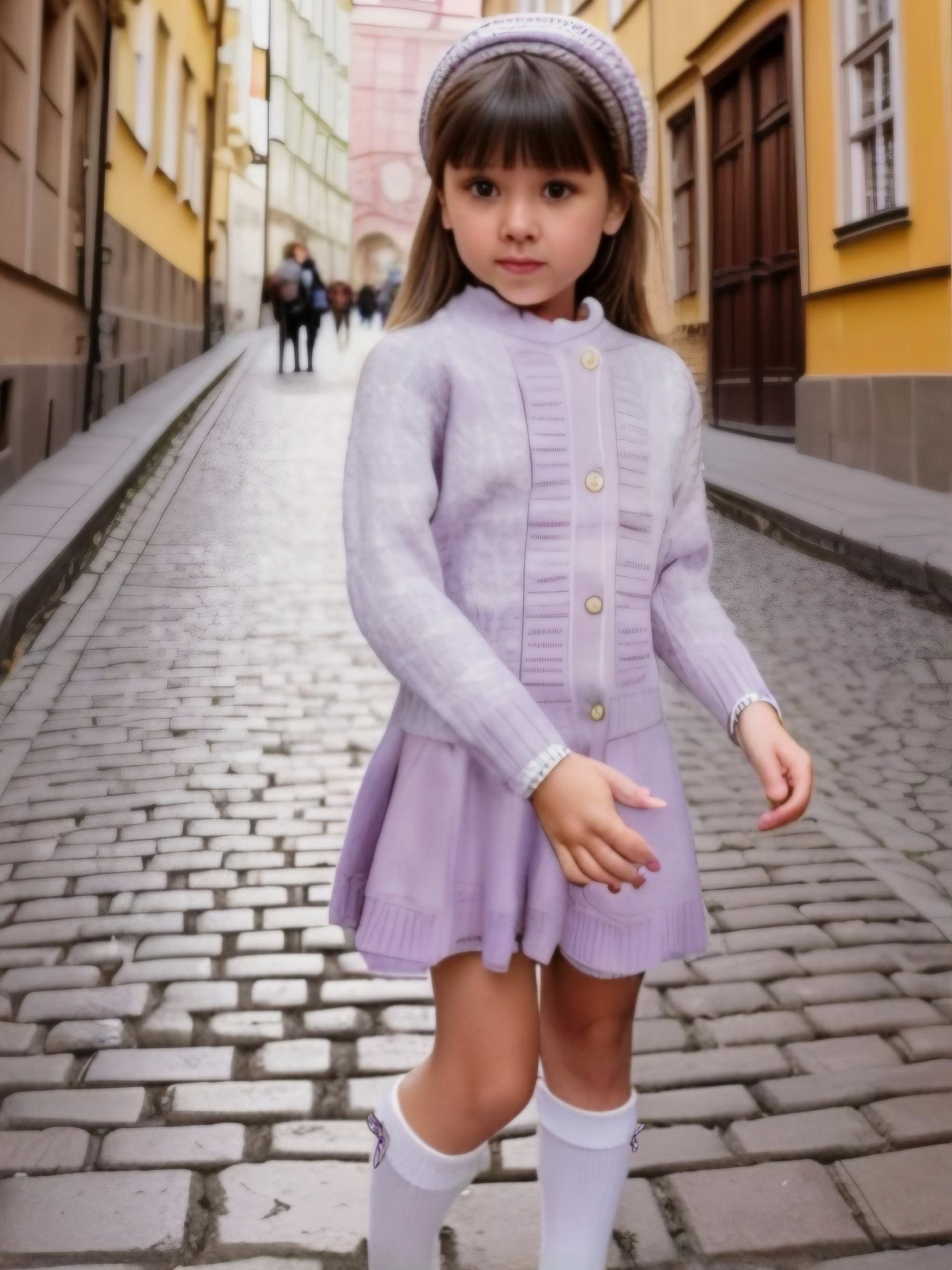 Grossiste Chicaprie - Ensemble Gilet Manches Longues Et Jupe Courte Plissée À Motifs Maille Avec Béret Chic Cocon Fille