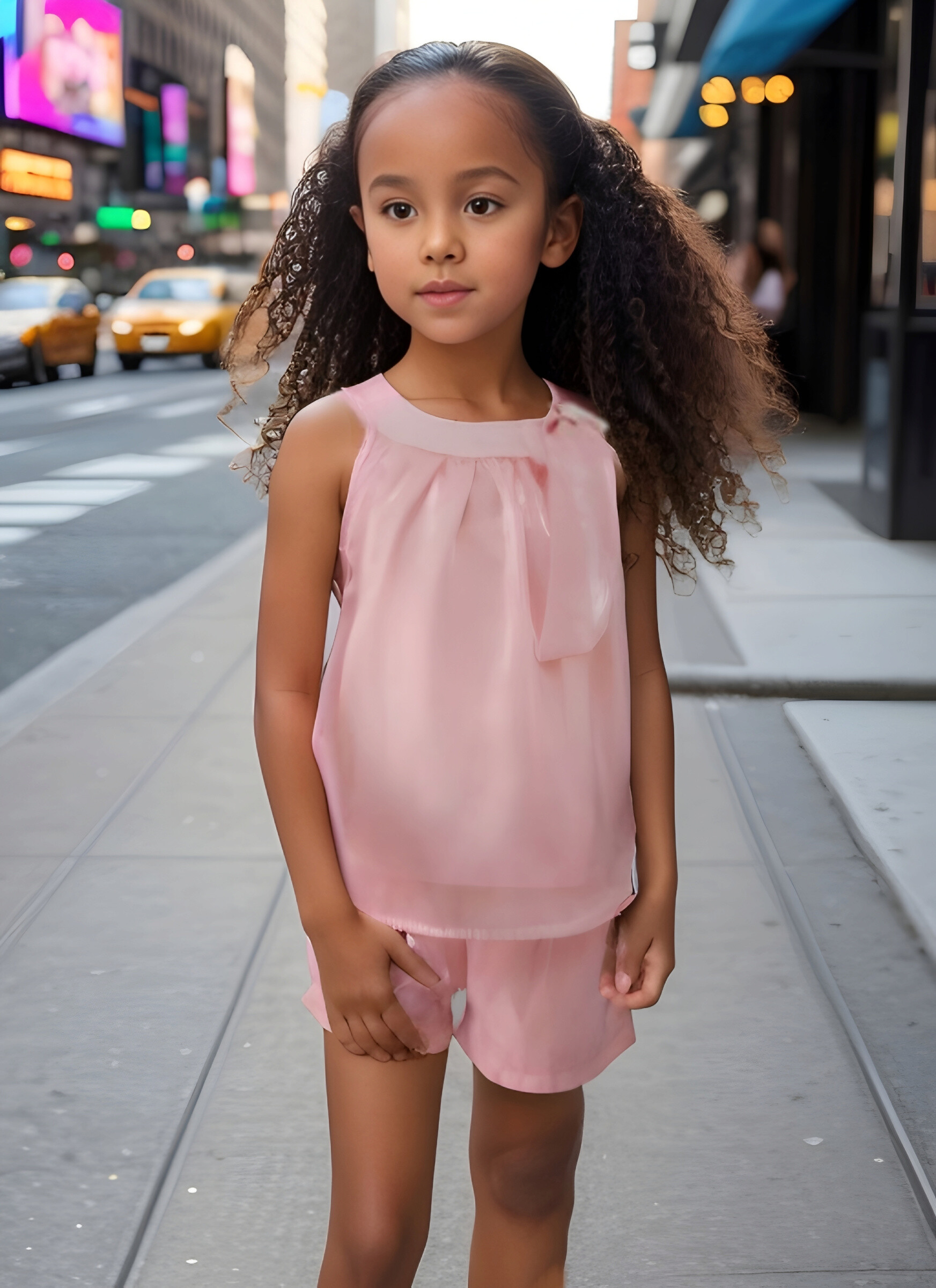 Wholesaler Chicaprie - Sleeveless Top with Sheer Overlay and Bow Detail and Plain Shorts for Girls