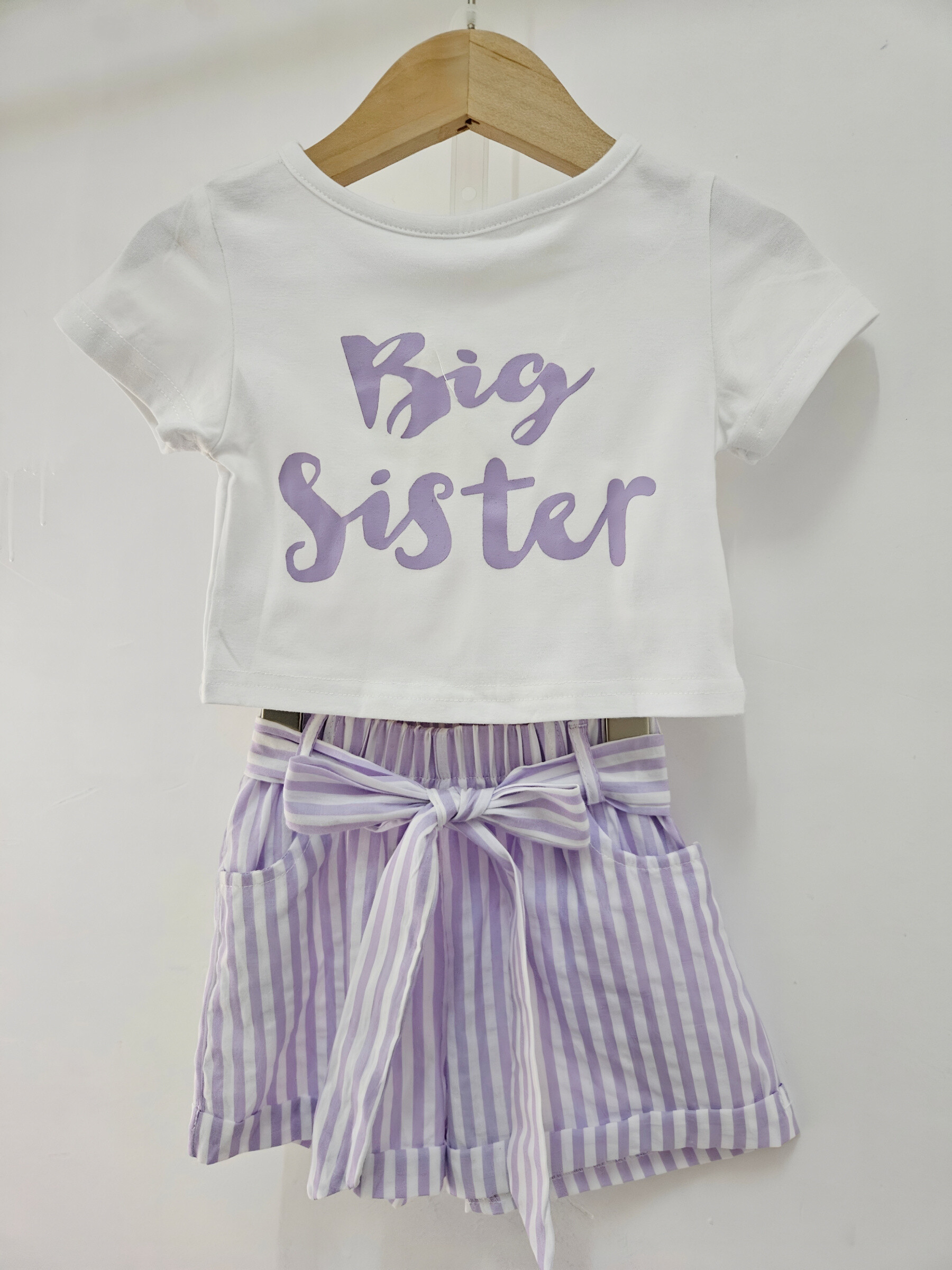 Grossiste Chicaprie - Ensemble Top, Short A Rayures Pastel Avec Ceinture Noeud Classique Légère Fille