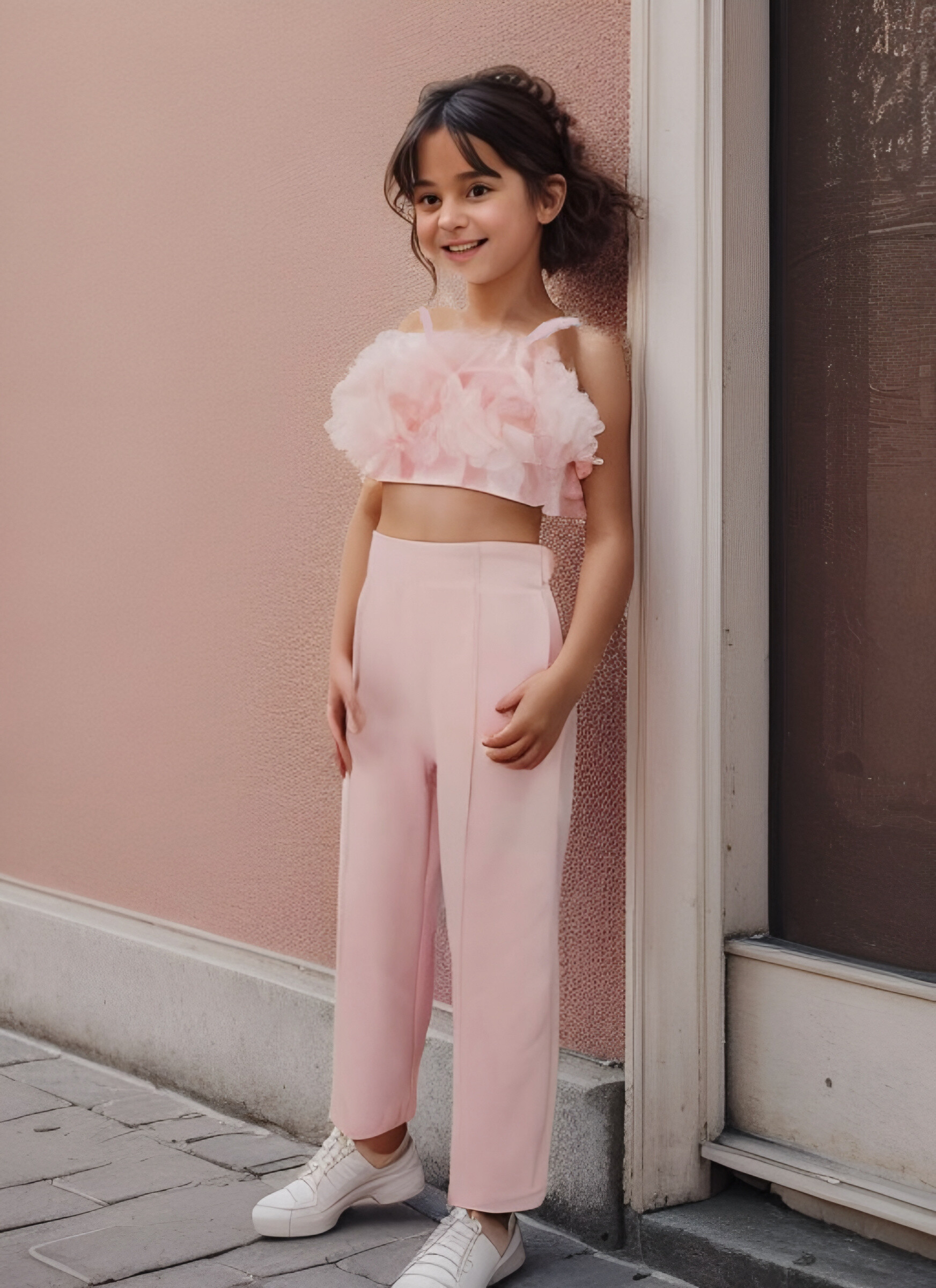 Mayorista Chicaprie - Conjunto Crop Top Tirantes Finamente Acanalado Top de Malla Floral con Pantalones Lisos para Niñas