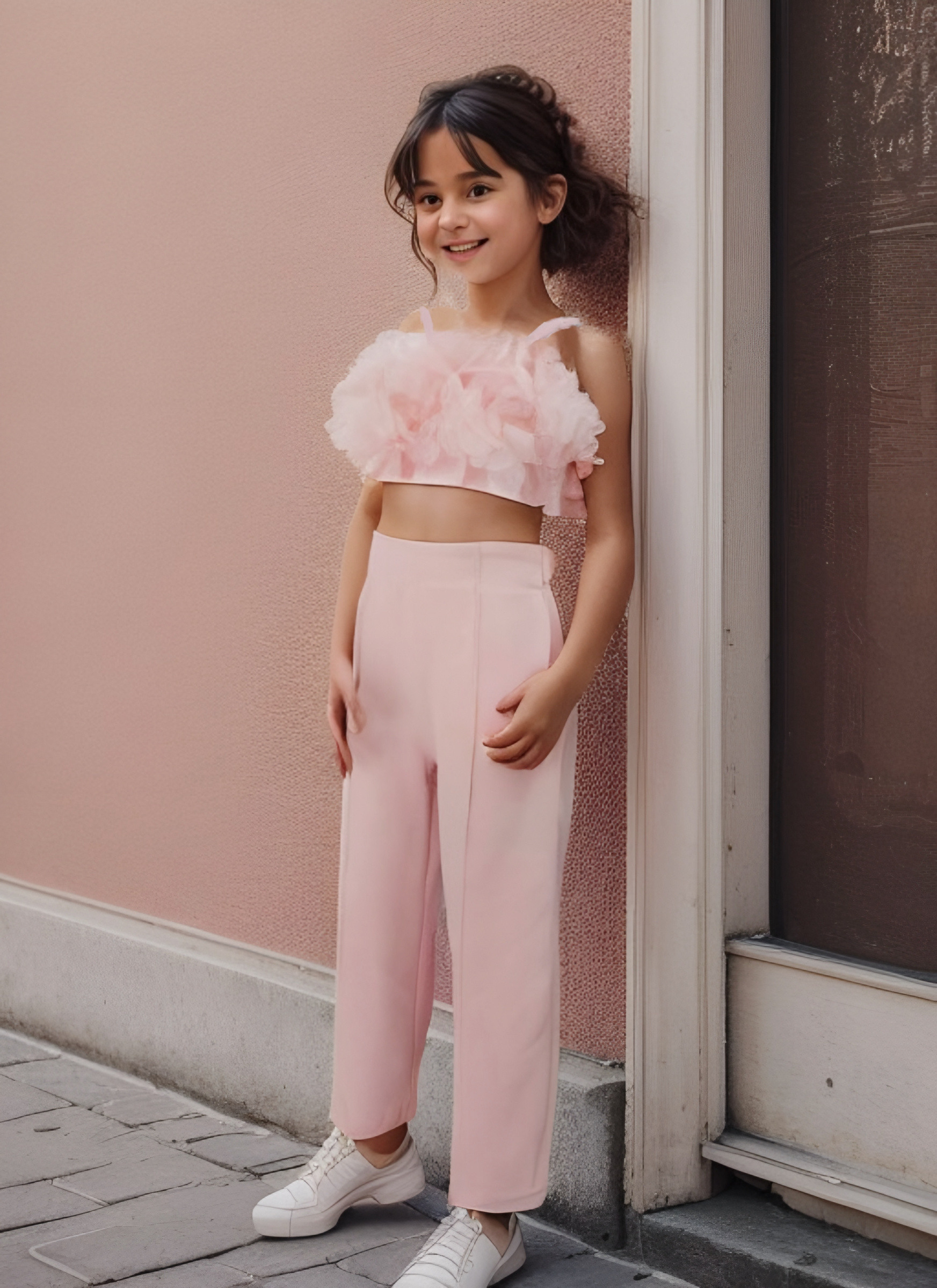 Grossista Chicaprie - Set Crop Top Spalline Sottili Costine Fiori in Tulle con Pantaloni Piani per Ragazze