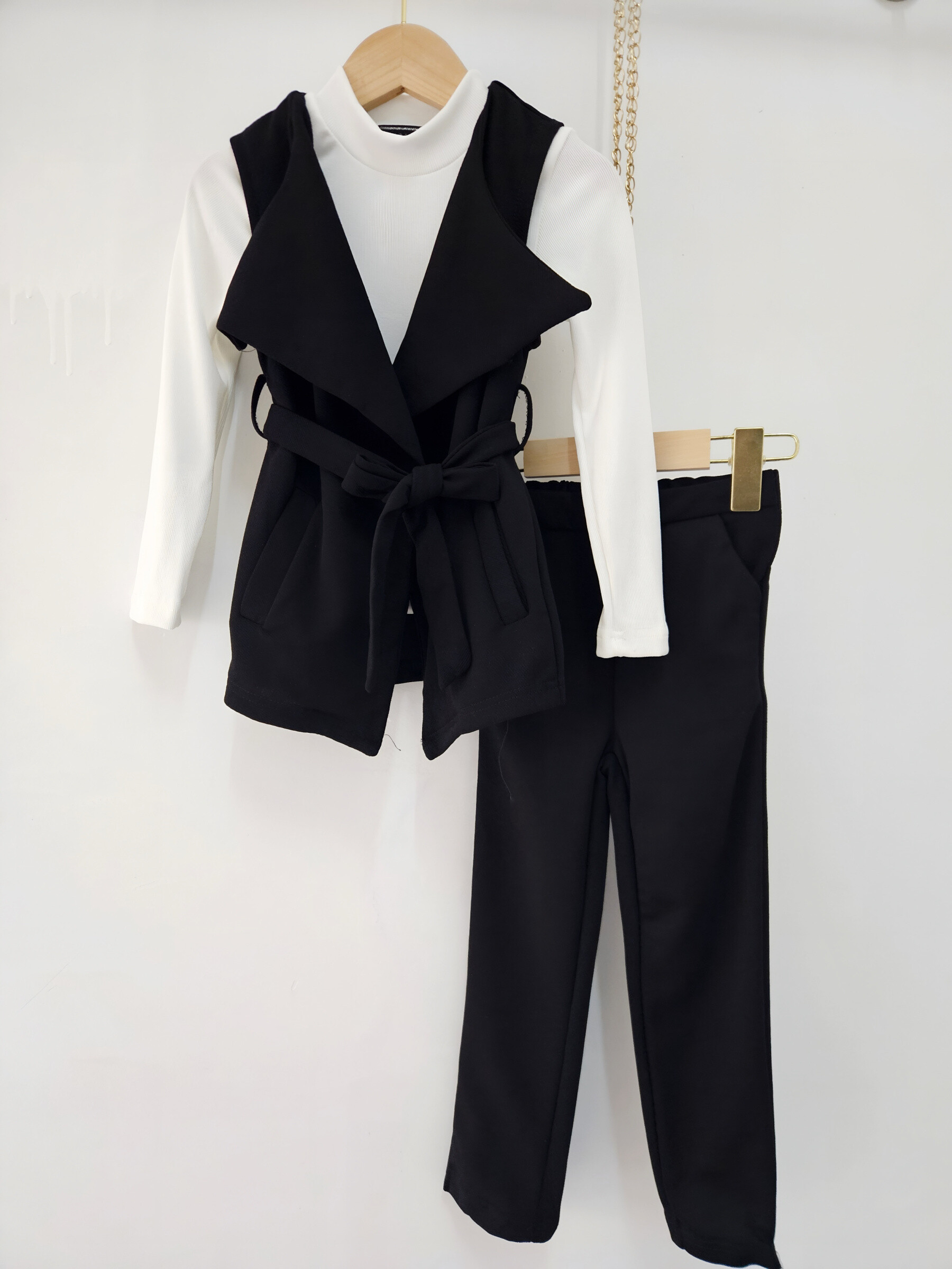 Großhändler Chicaprie - Set Pullover Und Weste Stil Blazer Jacke Mit Gürtel Mit Einfarbigen Leggings Chic Modernes Mädchen