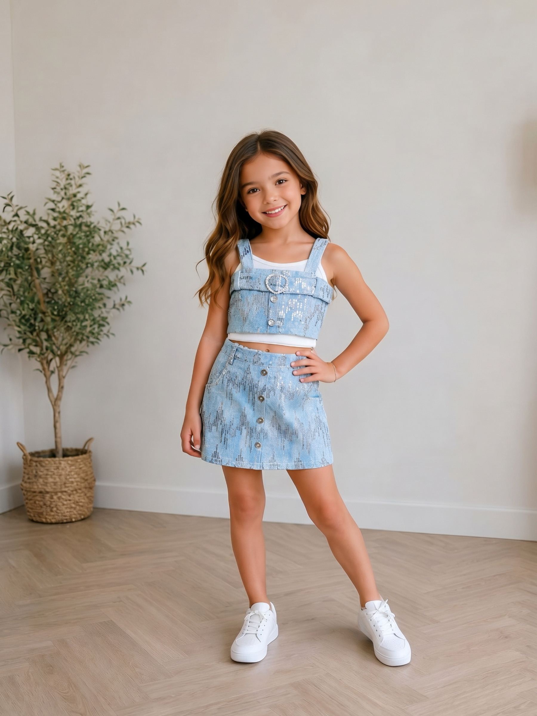 Grossiste Chicaprie - Ensemble Jeans Pailleté Crop Top Et Jupe Courte Avec Top Finement Côtelé Fille