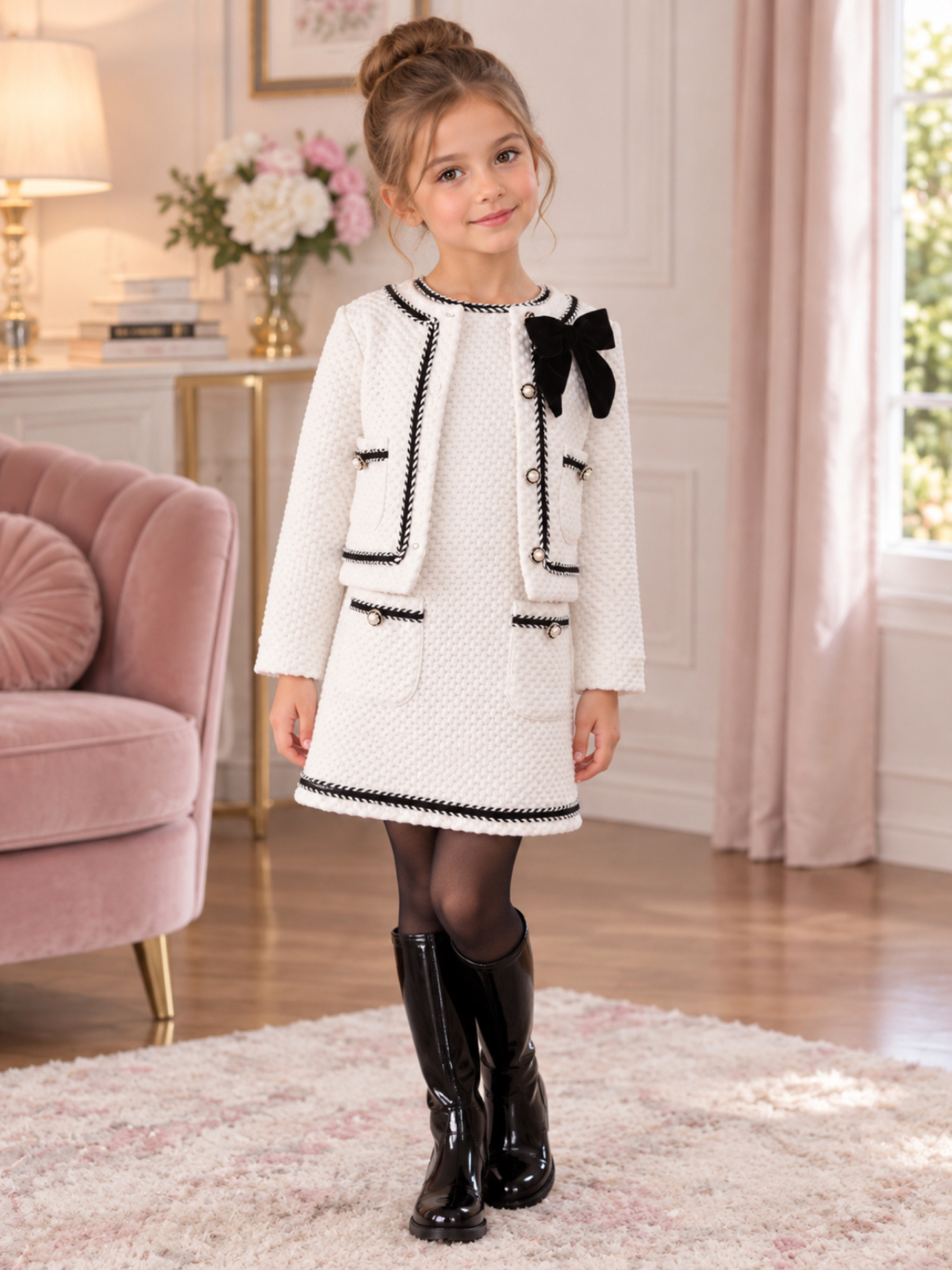 Grossiste Chicaprie - Ensemble Veste Et Robe Bicolore Avec Boutons Perle Et Noeud Chic Elégant Fille