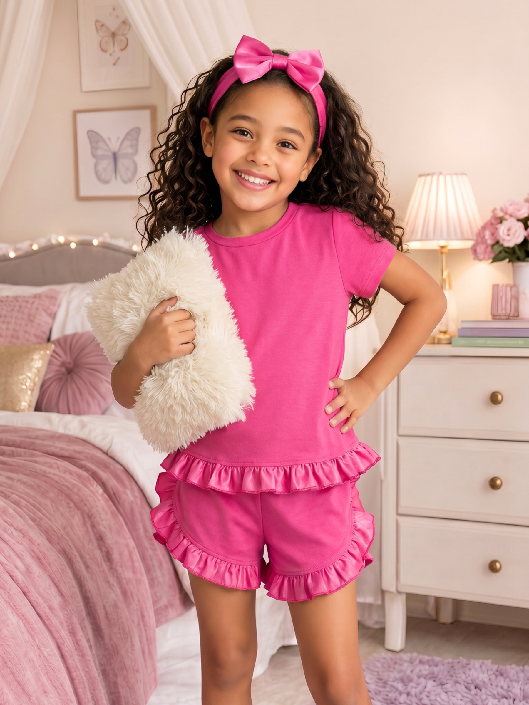 Grossiste Chicaprie - Ensemble Top Et Short Uni Avec Finition Satin Plissée Et Bandeau Noeud Fille