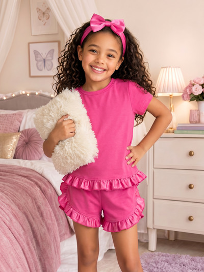 Wholesaler Chicaprie - Girls' Solid Top and Shorts Set with Pleated Satin Finish and Bow Headband Wholesaler Chicaprie - Girls' Solid Top and Shorts Set with Pleated Satin Finish and Bow Headband