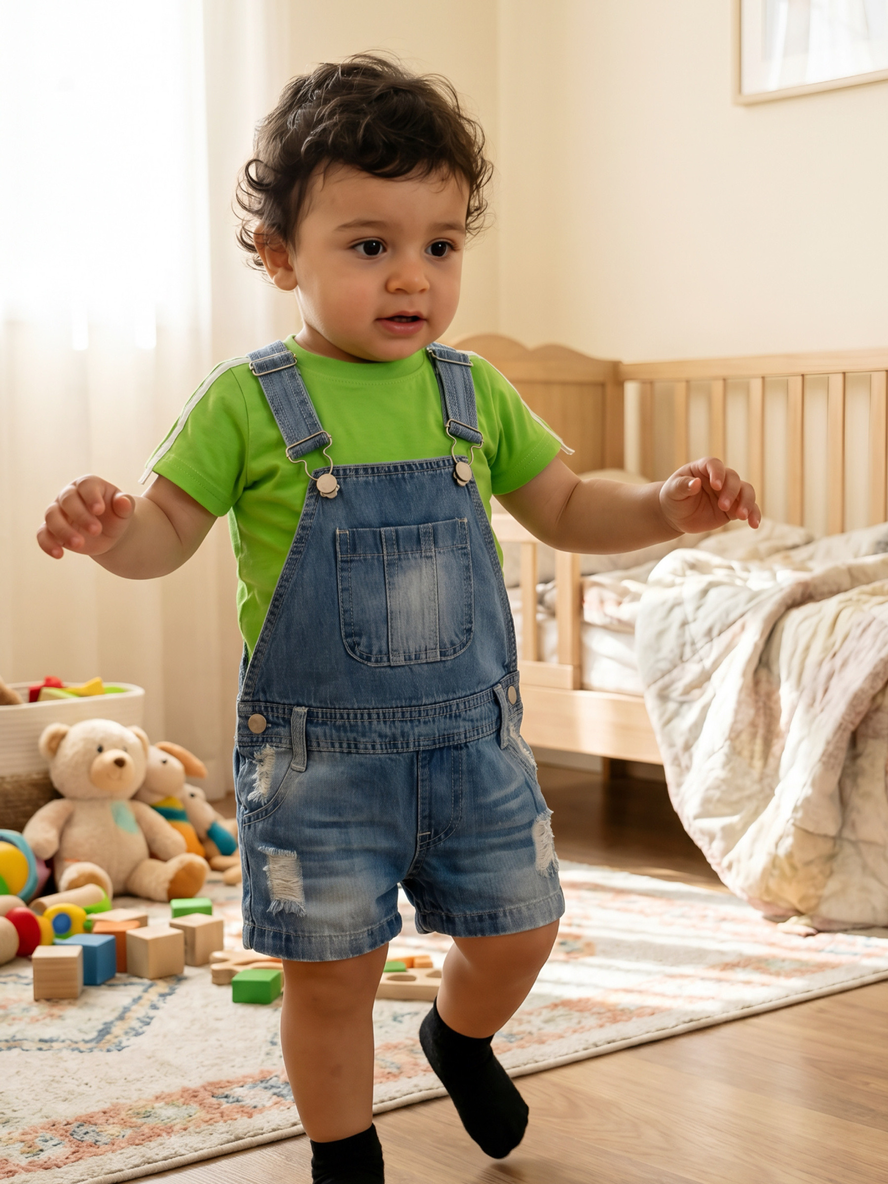 Grossista Chicaprie - Salopette Shorts Jeans Stile Urbano Strappato Set con T-Shirt Puro Righe Ragazzo