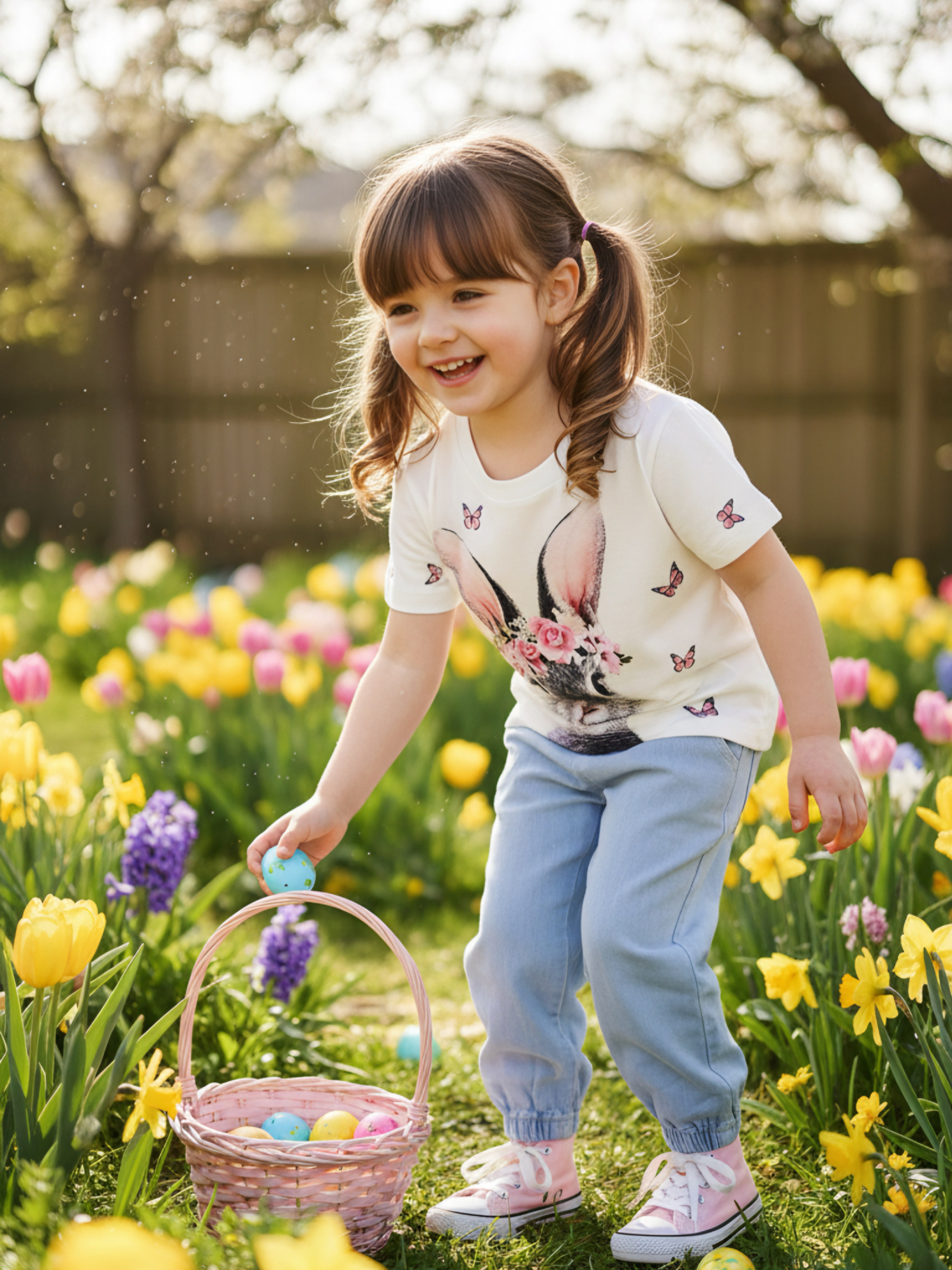 Wholesaler Chicaprie - Girls' outfit with a rabbit and butterfly print top and lightweight denim capri pants