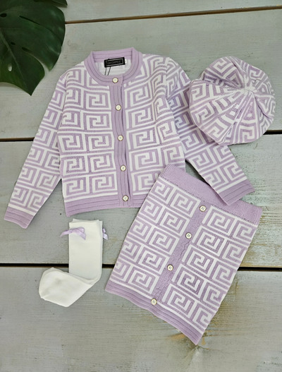 Grossista Chicaprie - Completo Cardigan a Maniche Lunghe e Gonna Corta in Maglia con Motivo Geometrico e Berretto a Cocco per Ragazza Grossista Chicaprie - Completo Cardigan a Maniche Lunghe e Gonna Corta in Maglia con Motivo Geometrico e Berretto a Cocco per Ragazza