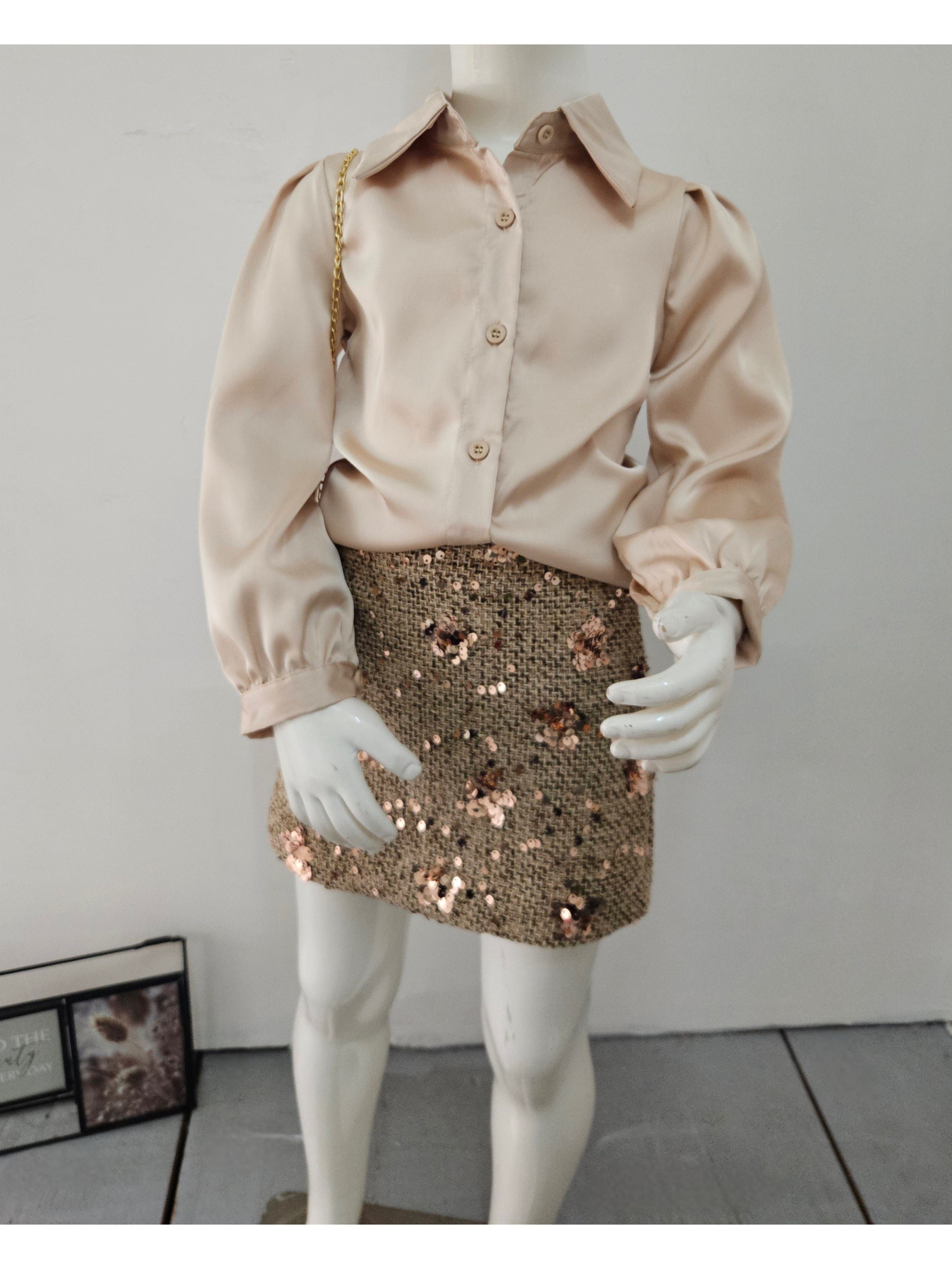 Grossiste Chicaprie - Ensemble Chemise Unie Avec Jupe Courte Chic Tweed A Paillettes Et Sac Chaine Contemporaine Fille