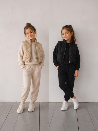 Grossiste Chicaprie - Ensemble Gilet Matelassé Pailleté Avec Pull Et Jogging Uni Sport Urbain Fille Grossiste Chicaprie - Ensemble Gilet Matelassé Pailleté Avec Pull Et Jogging Uni Sport Urbain Fille