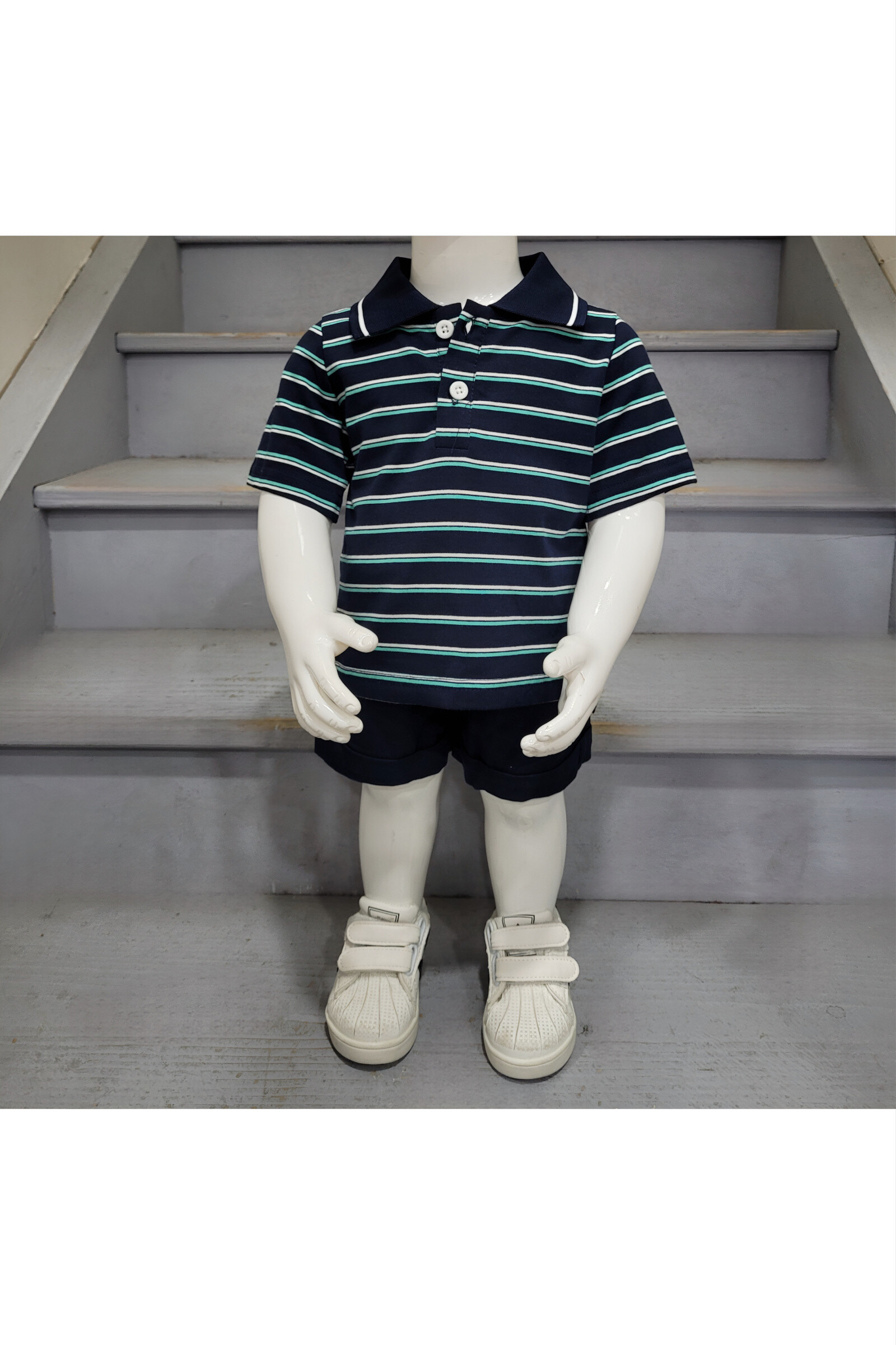 Mayorista Chicaprie - Conjunto bebé niño Polo a rayas y shorts lisos deportivos