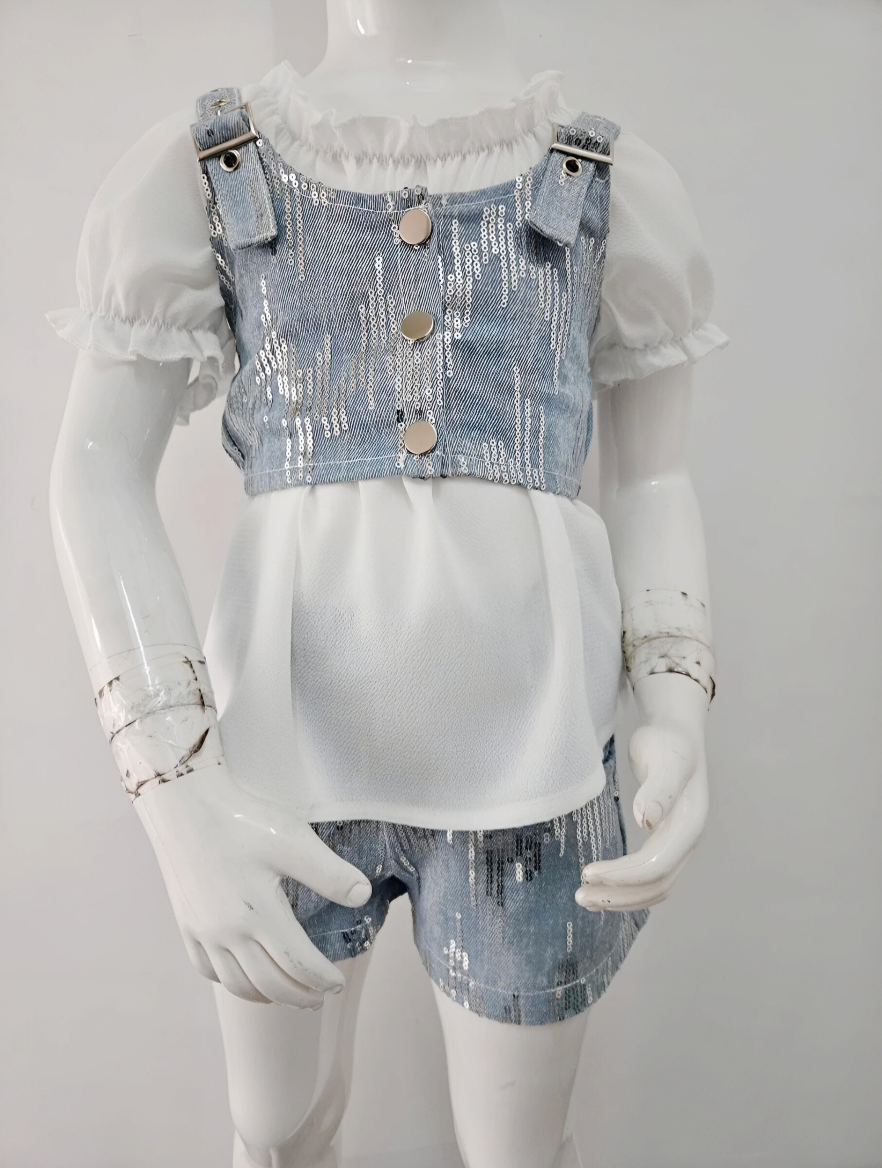 Grossiste Chicaprie - Ensemble Crop Top Et Short Style Salopette Jeans Paillettes Urbain Avec Top Bouffante Fluide Uni Fille