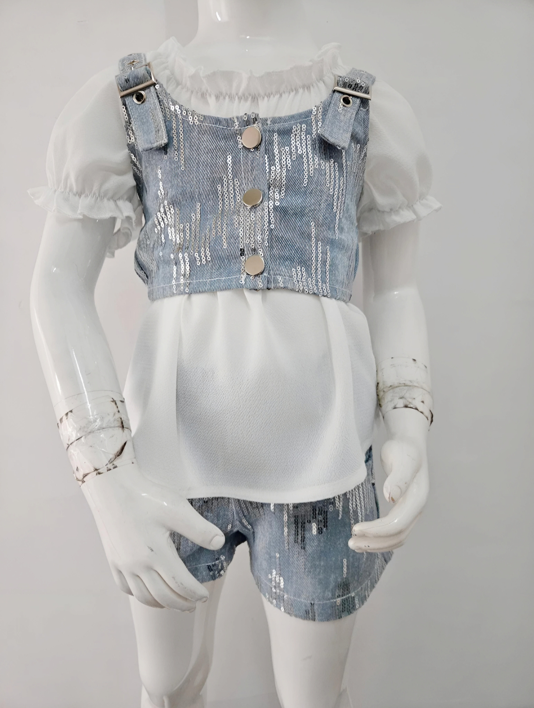 Wholesaler Chicaprie - Crop Top And Shorts Set Dungaree Style Jeans Sequins Urban With Puffy Flowy Solid Color Top Girl