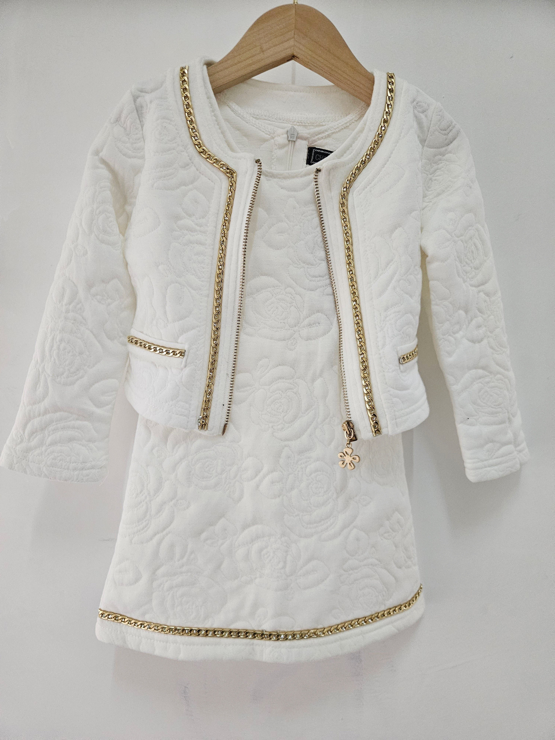 Wholesaler Chicaprie - Long sleeve zip cardigan set with floral textured dress and chic sequin chains for girls