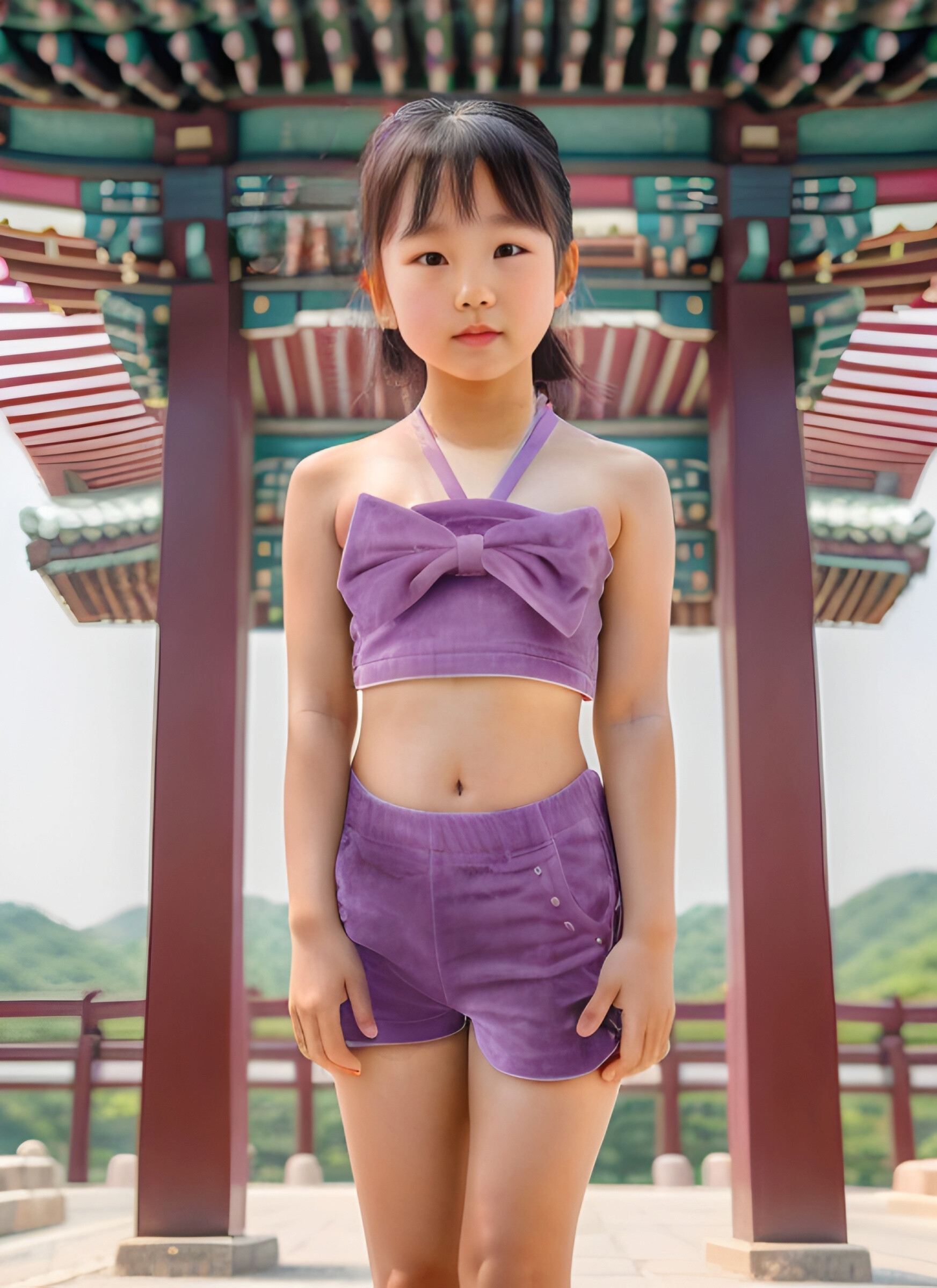Grossiste Chicaprie - Ensemble Crop Top Bandeau Avec Noeud Et Short Perles Velours Avec Bandeau Fille