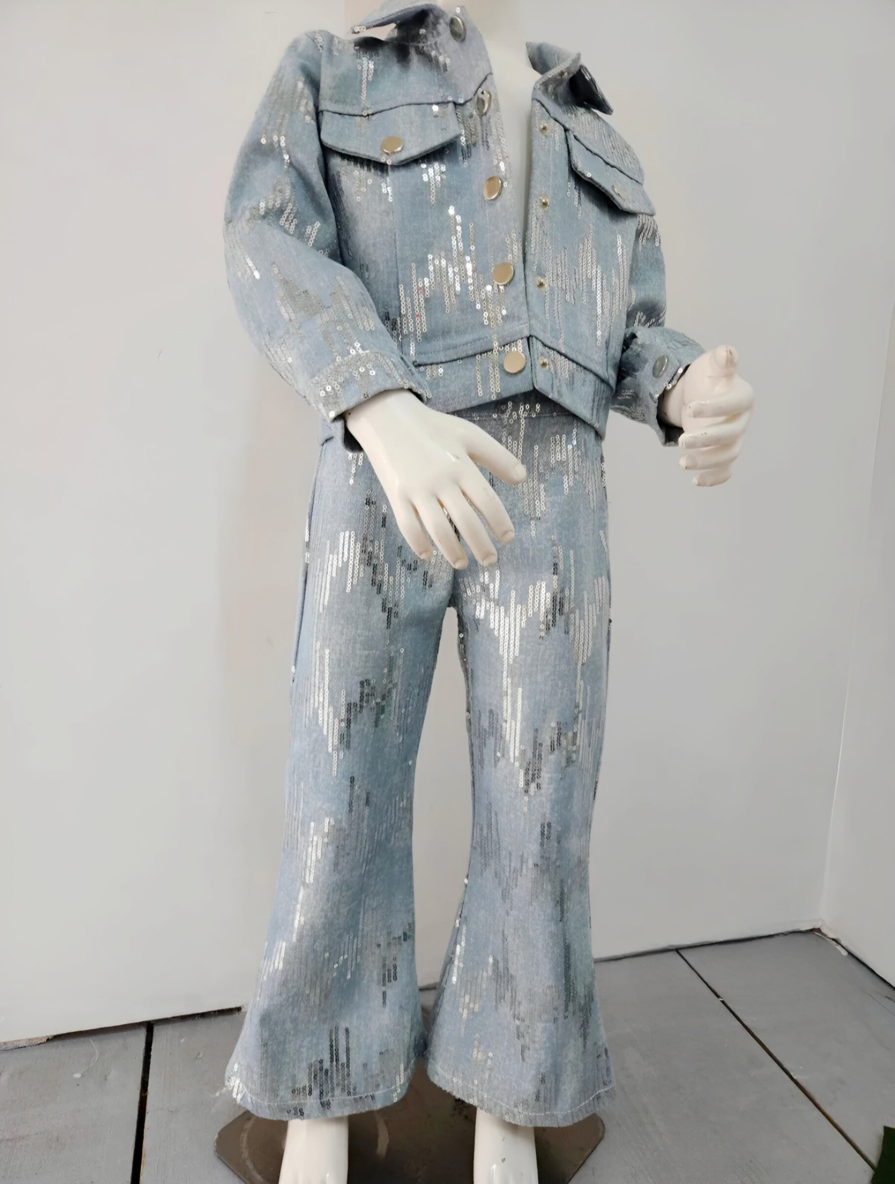 Grossiste Chicaprie - Ensemble Veste Boutons Métallique Et Pantalon Jeans Paillette Urbain Chic Fille