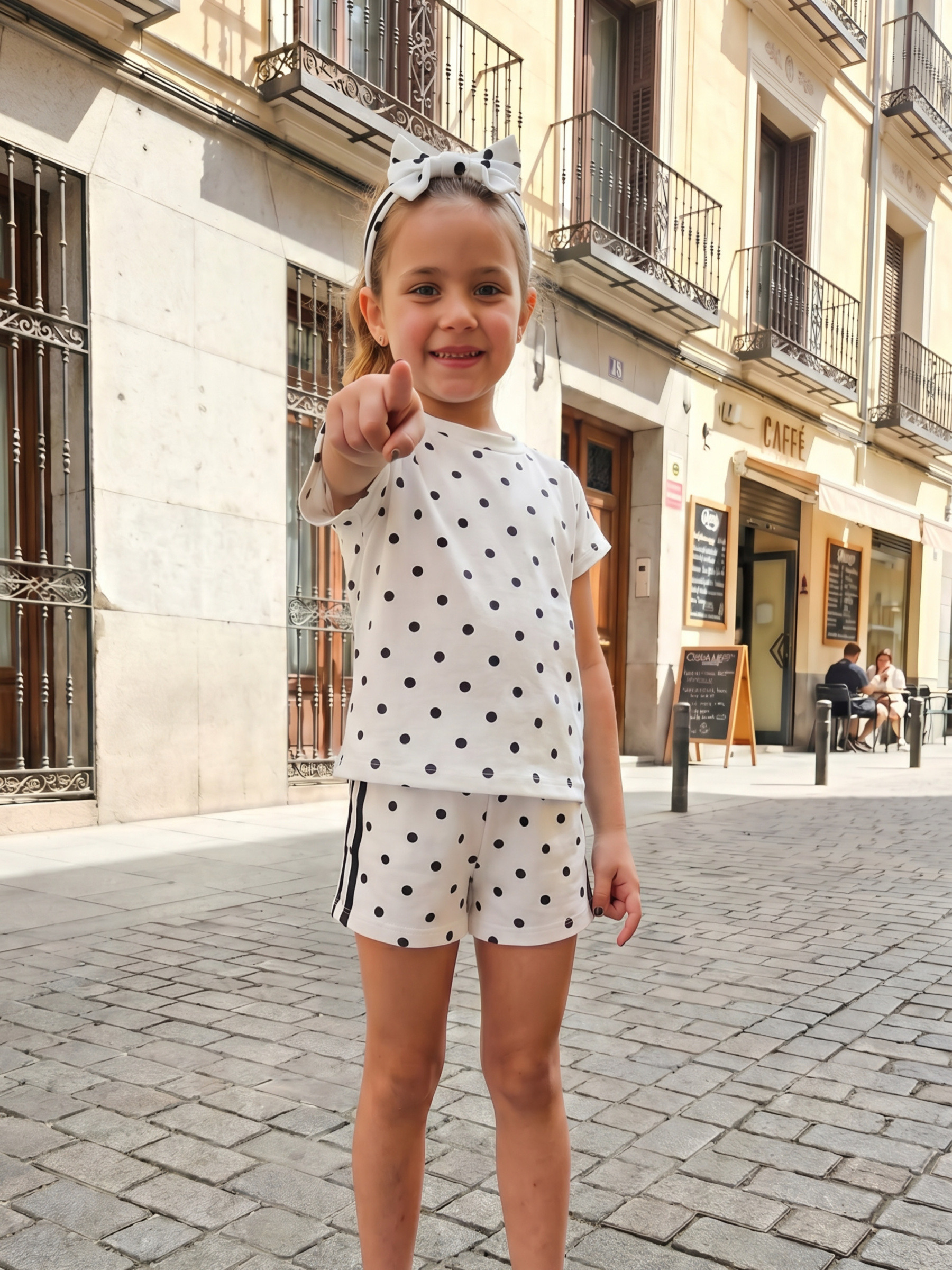 Grossiste Chicaprie - Ensemble Top Et Short Imprimé Pois Avec Bandes Sportives Et Bandeau Noeud Fille