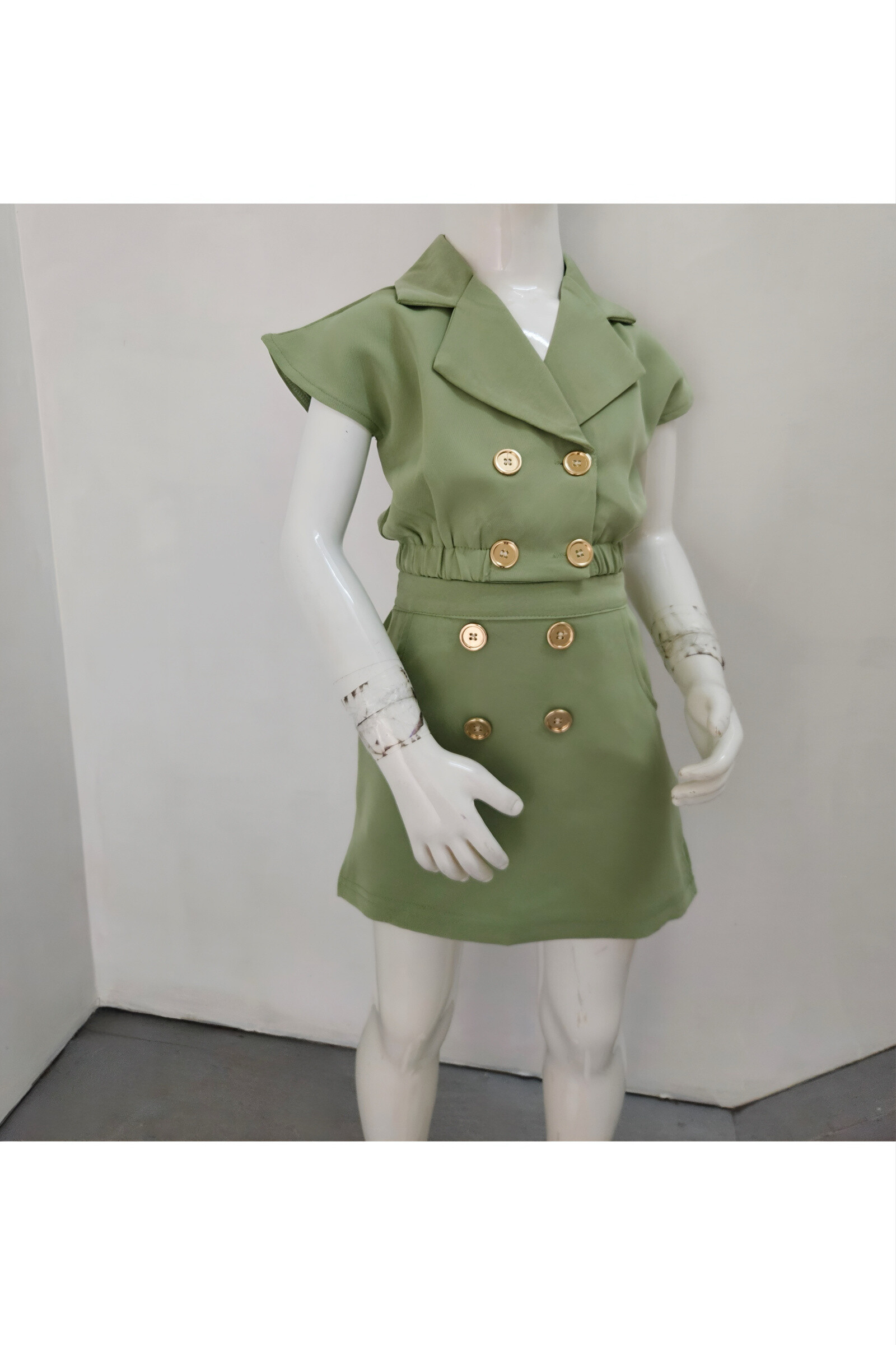 Grossiste Chicaprie - Ensemble Haut Col Blazer Sans Manche Et Jupe Courte Uni Boutonné Casual Chic Fille