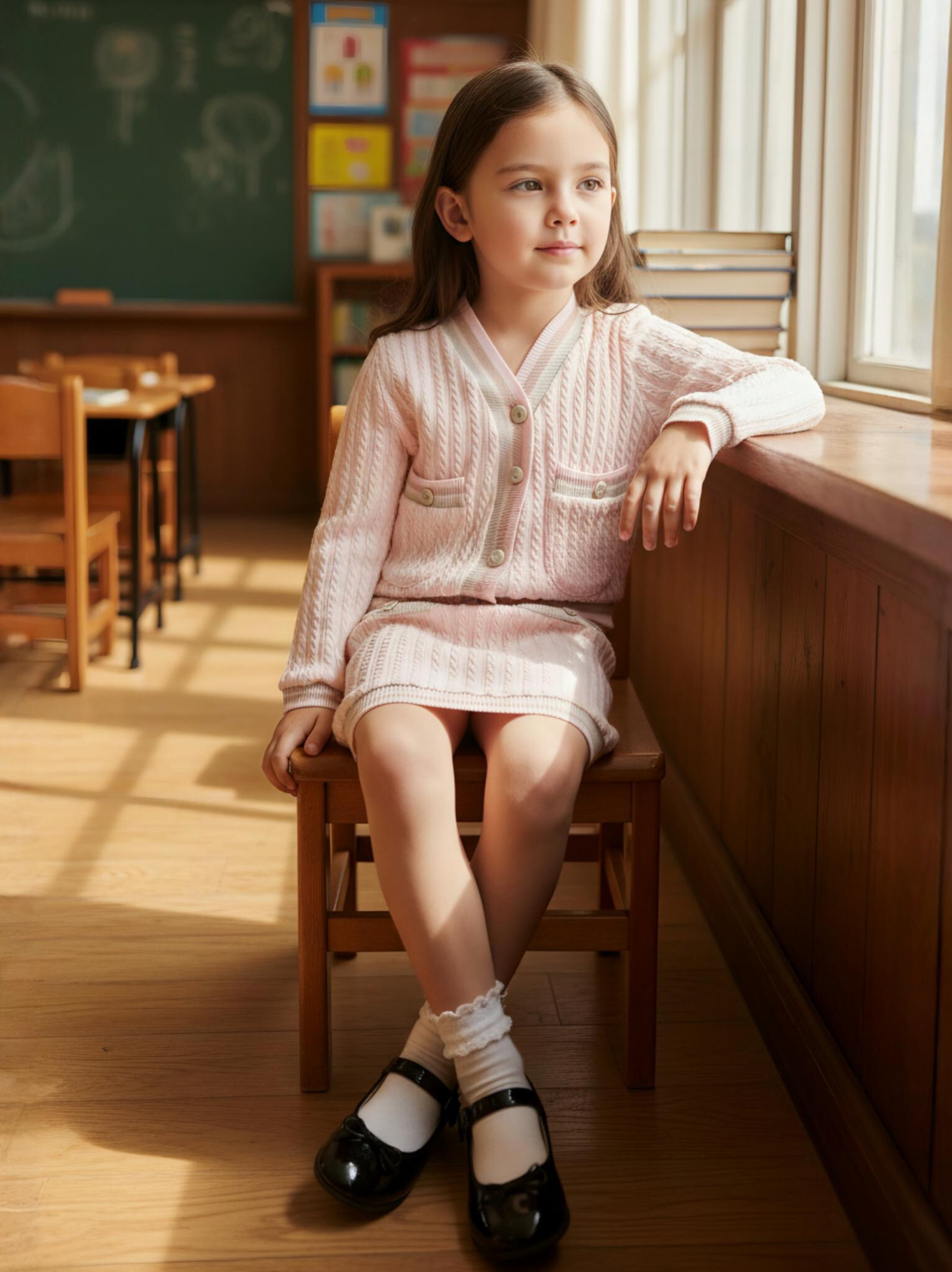 Grossiste Chicaprie - Ensemble Gilet Et Jupe Courte Maille Torsadé All Over Style Old School Avec Boutons Chic Fille