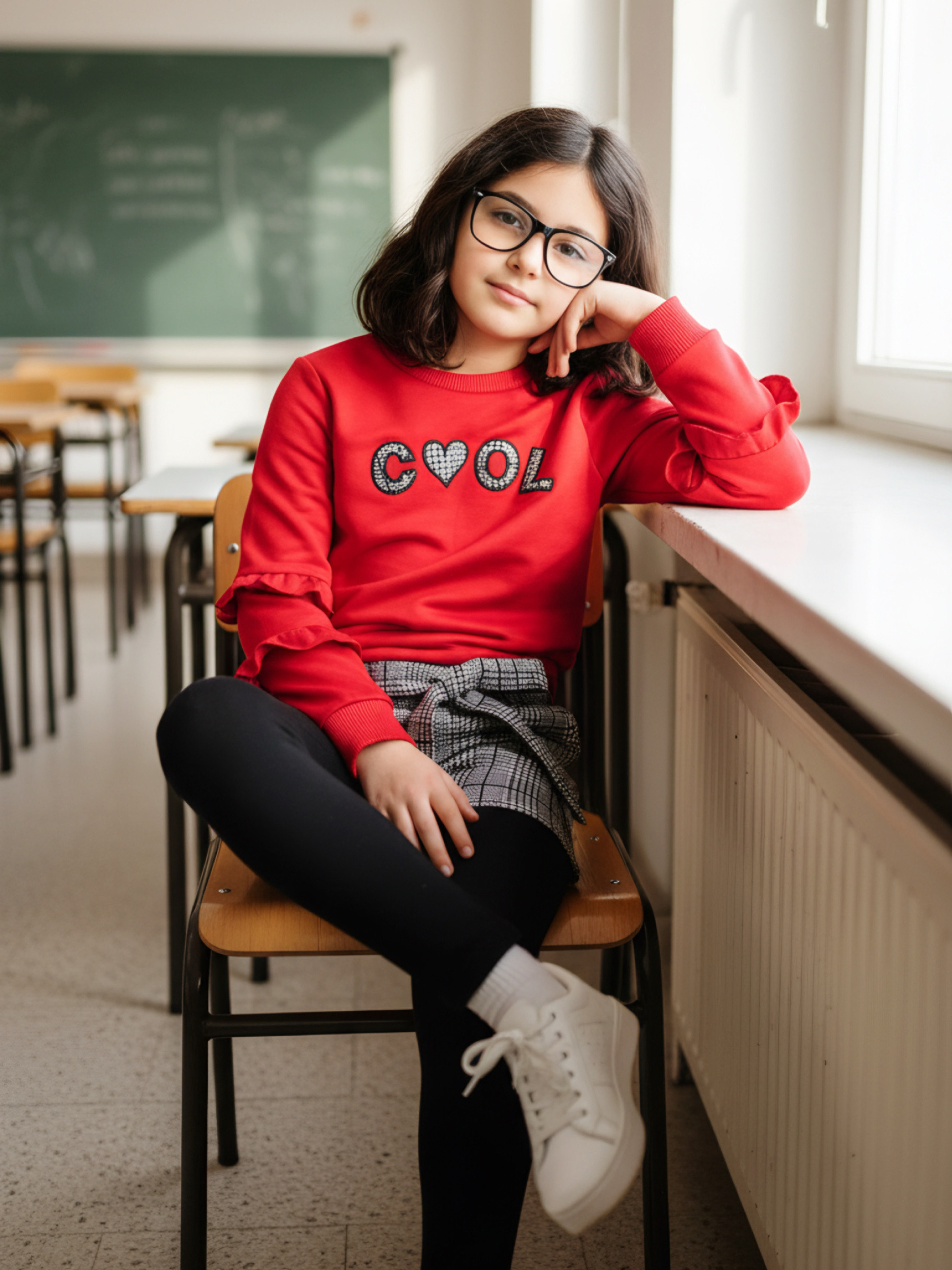 Großhändler Chicaprie - Besticktes Pullover-Set mit karierten Gürtelshorts im Schulmädchenstil für Mädchen