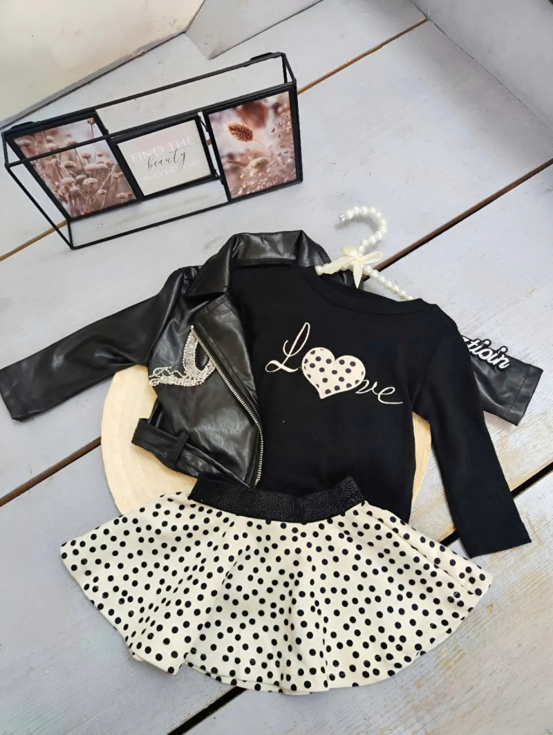 Wholesaler Chicaprie - Baby Girl's Faux Leather Jacket and Polka Dot Skirt Set