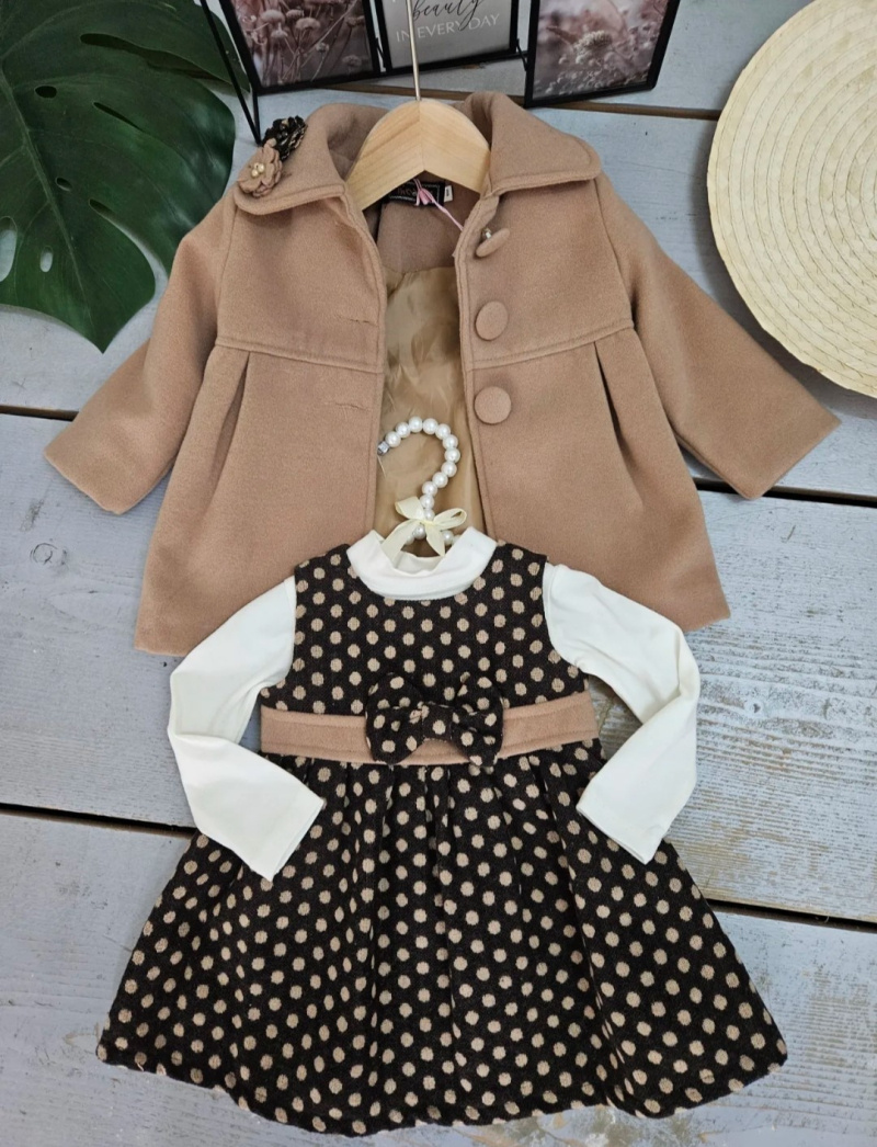 Grossiste Chicaprie - Ensemble Manteau Uni Et Robe A Pois Et Noeud Bébé Fille