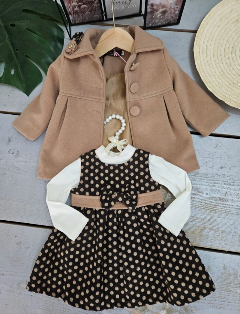 Grossiste Chicaprie - Ensemble Manteau Trench Fleurs Uni Et Robe A Pois Avec Noeud Chic Bébé Fille