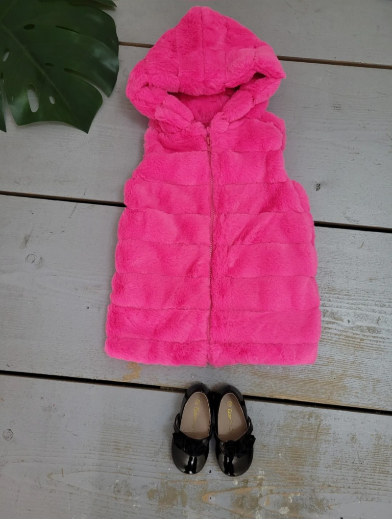 Grossiste Chicaprie - Veste Gilet Style Doudoune Sans Manche Uni Faux Fourrure Oversized Texturé Streetwear Bébé Fille