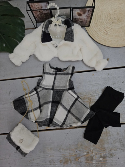 Grossista Chicaprie - Set Festa Bimba: Giacca in Finta Pelliccia e Abito a Quadri Senza Maniche con Borsa a Catena Grossista Chicaprie - Set Festa Bimba: Giacca in Finta Pelliccia e Abito a Quadri Senza Maniche con Borsa a Catena