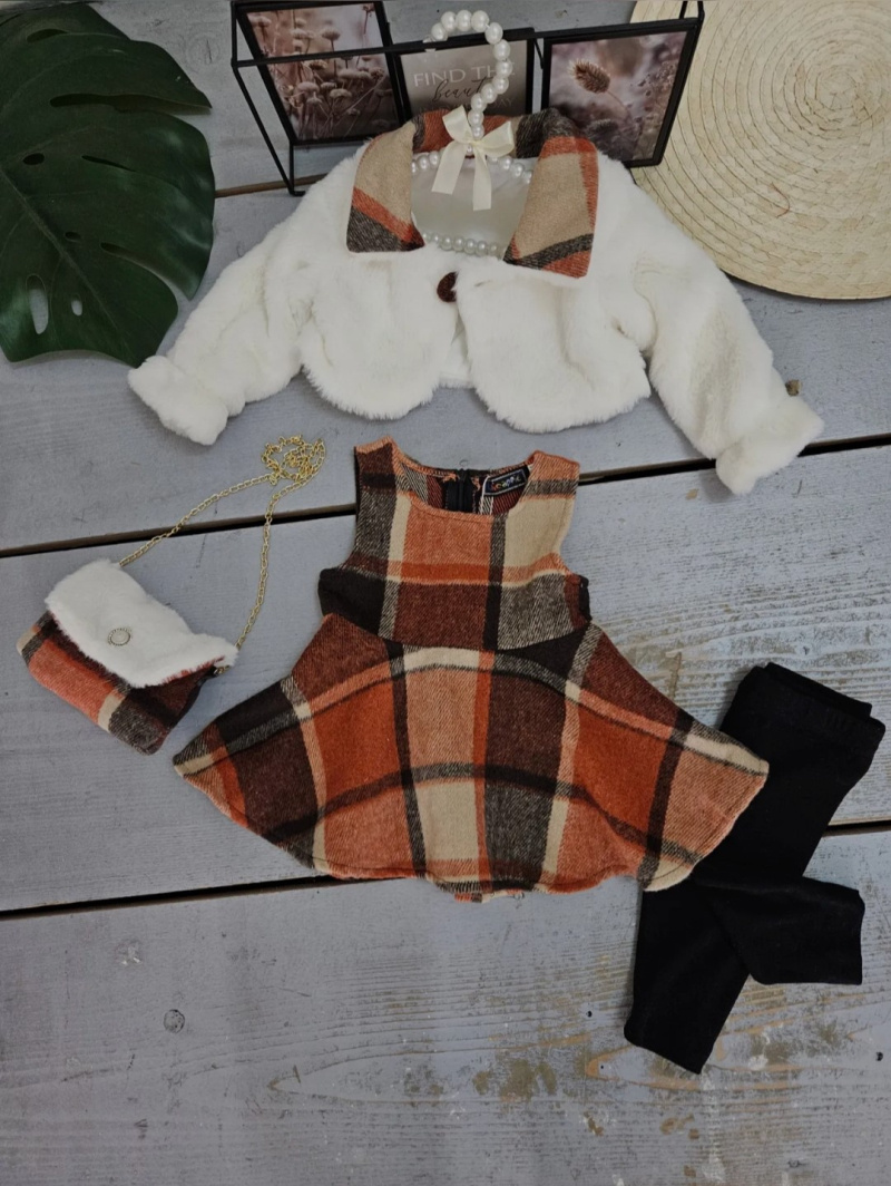 Wholesaler Chicaprie - Baby Girl Faux Jacket And Check Dress Set