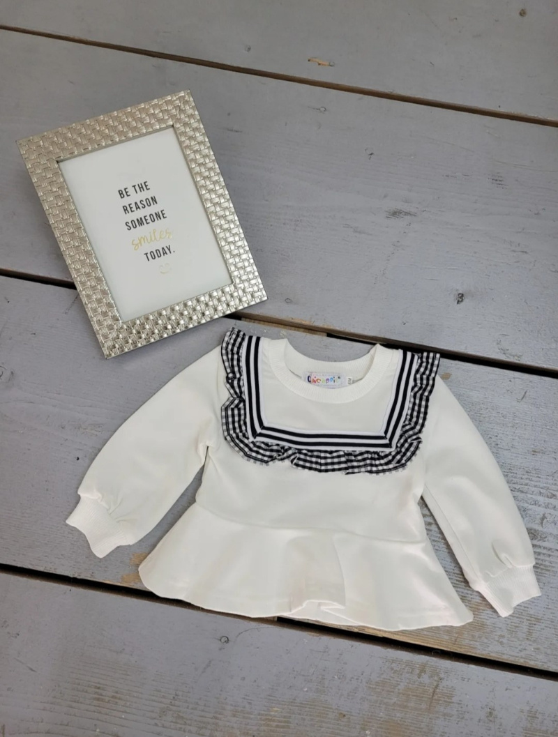 Großhändler Chicaprie - Baby-Mädchen Langarm-Tunika mit eckigem Ausschnitt und Rüschen im Marine-Stil