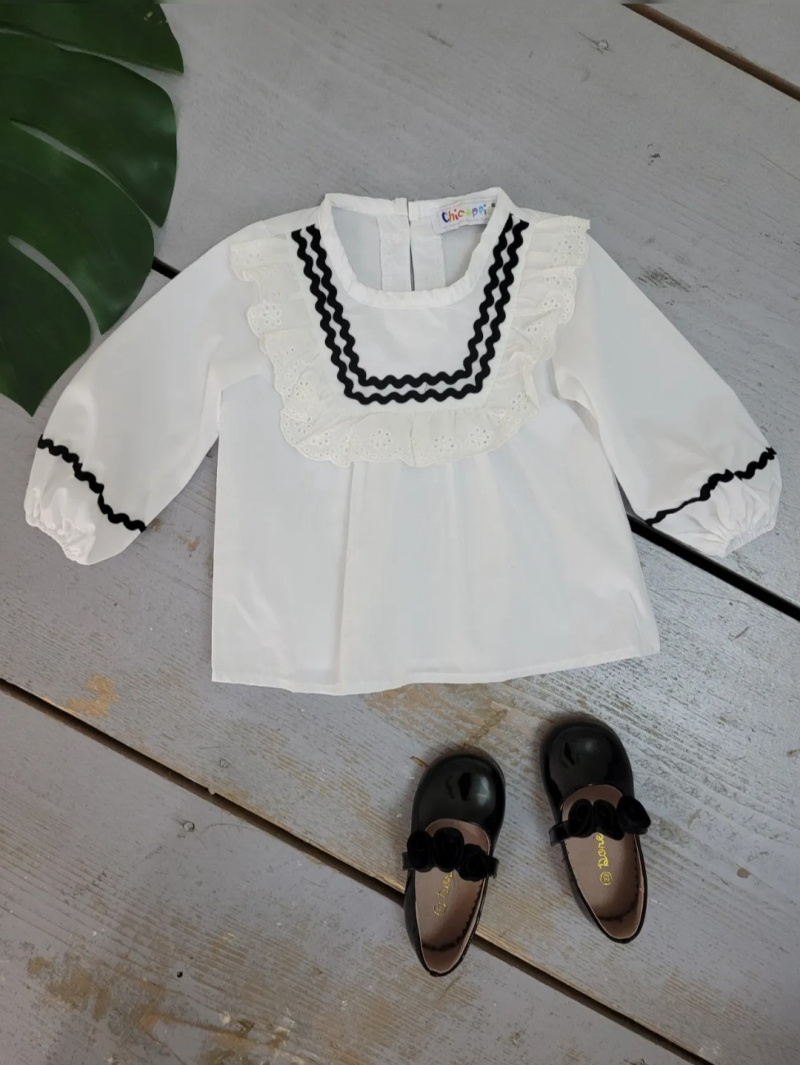 Großhändler Chicaprie - Leichte Bestickte Tunika-Bluse mit Quadratischem Ausschnitt und Rüschen für Baby Mädchen