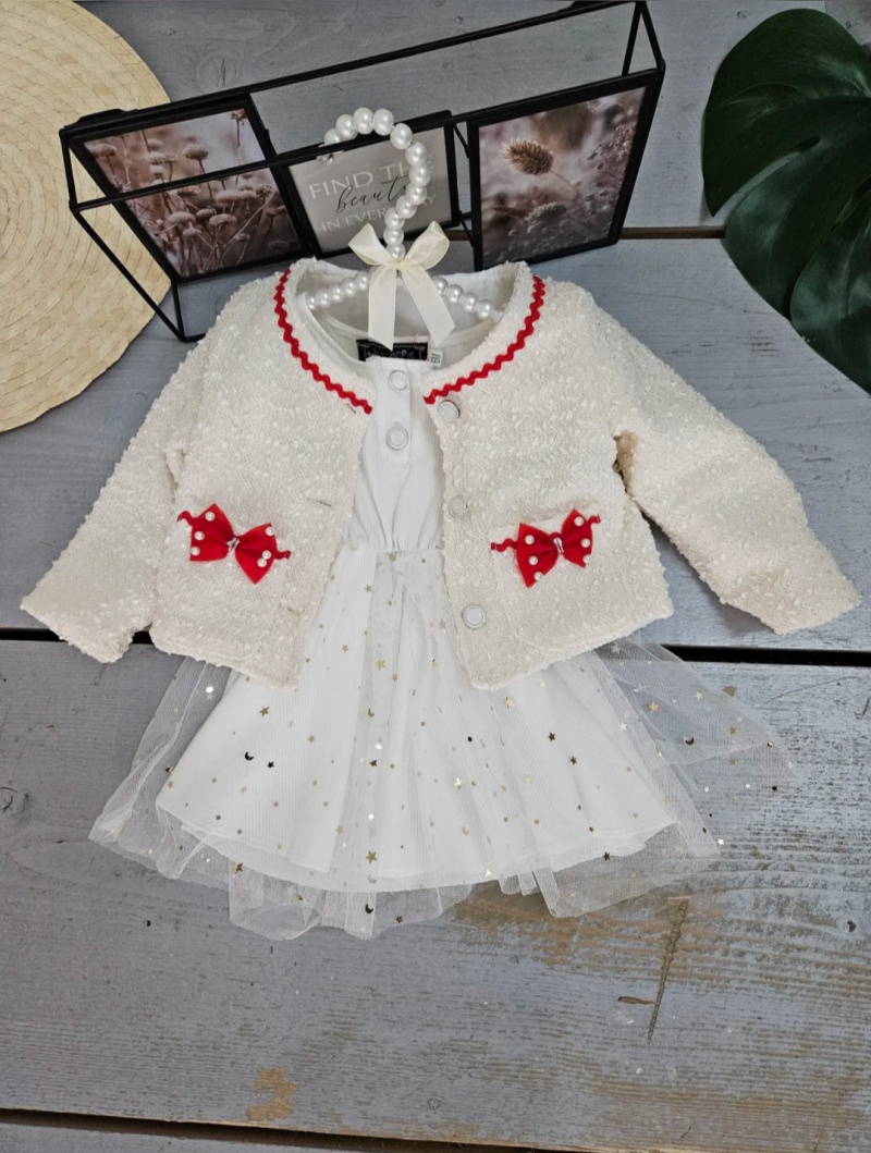 Mayorista Chicaprie - Conjunto Bebé Niña Vestido Lentejuelas y Chaleco de Fiesta con Lazos