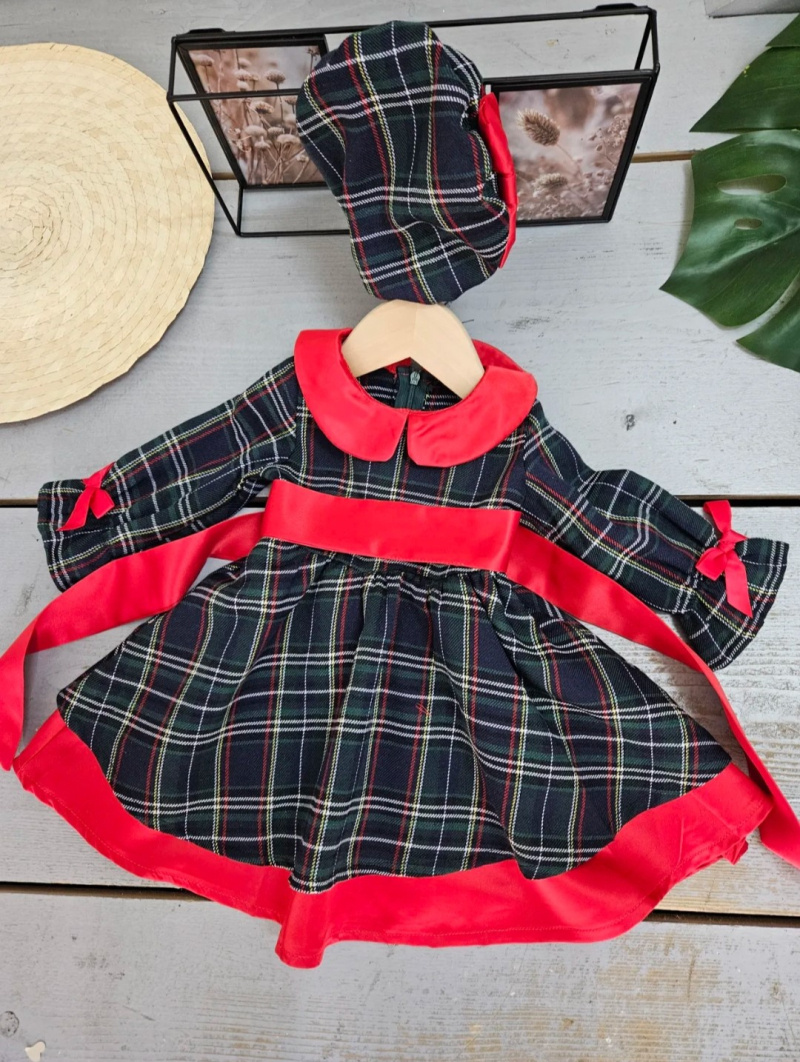 Grossiste Chicaprie - Ensemble Robe Ecossais Carreaux Avec Ruban Noeuds Fête Bébé Fille