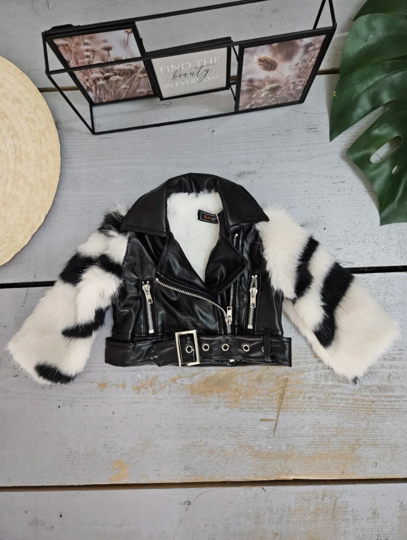 Wholesaler Chicaprie - Perfecto Style Faux Leather Jacket with Faux Fur Sleeves for Baby Girl