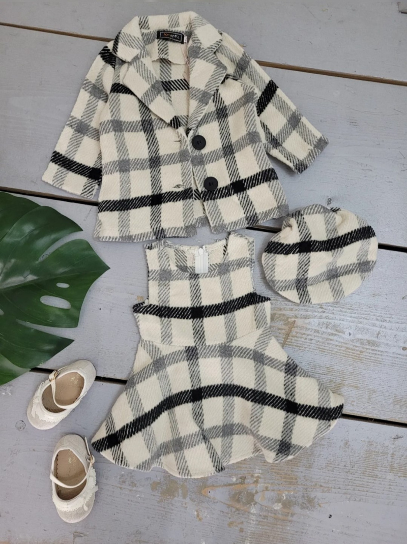 Wholesaler Chicaprie - Baby Girl's Winter Checked Jacket and Dress Set