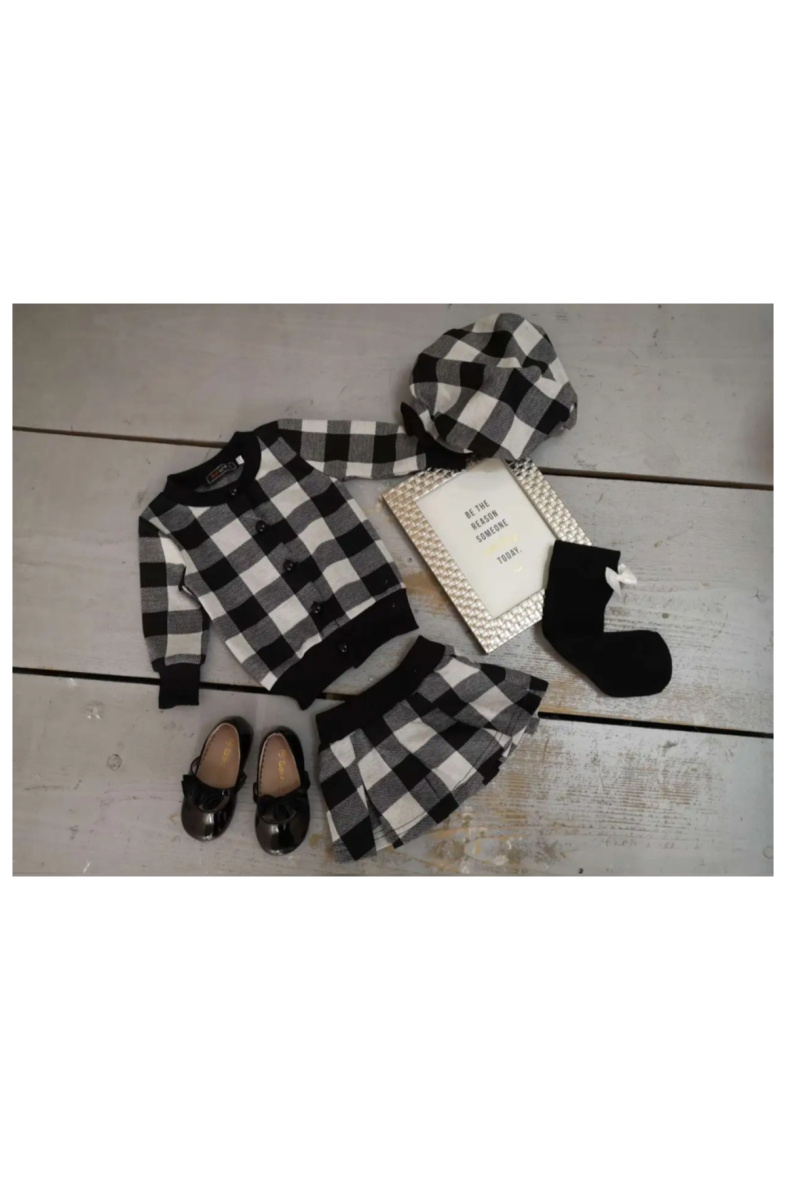 Grossiste Chicaprie - Ensemble Tunique Avec Boutons Et Jupe Courte Plissée A Carreaux Rétro Bébé Fille