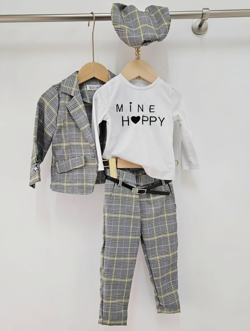 Grossiste Chicaprie - Ensemble Veste Broderie Florale et Pantalon Rayure Avec Ceinture Fine Bébé Fille