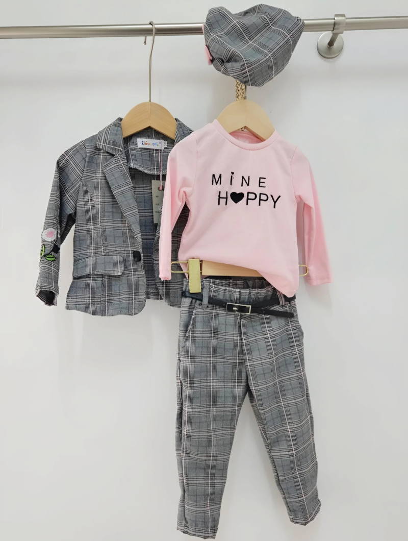 Grossista Chicaprie - Completino per neonata composto da giacca con ricamo floreale e pantaloni a righe con cintura sottile