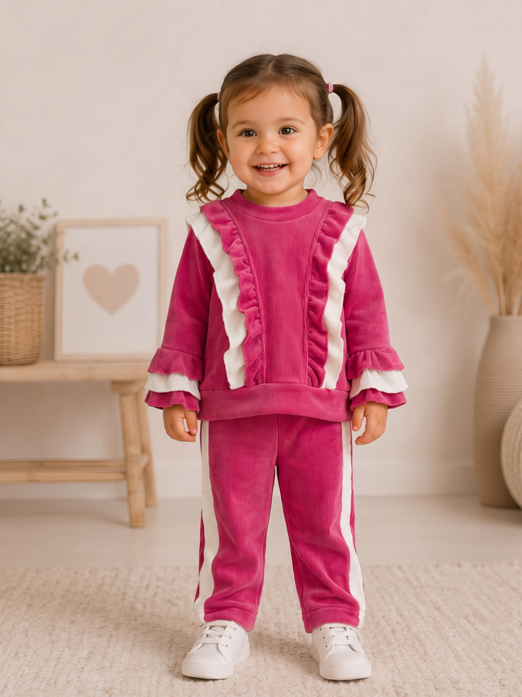 Großhändler Chicaprie - Baby Mädchen Jogginganzug aus Samt mit Rüschen, Set bestehend aus Oberteil und Hose