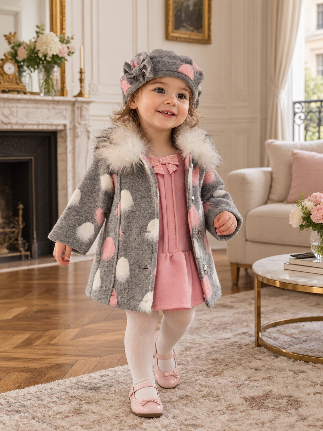 Wholesaler Chicaprie - Baby girl set with a polka dot faux fur coat and a plain knot dress