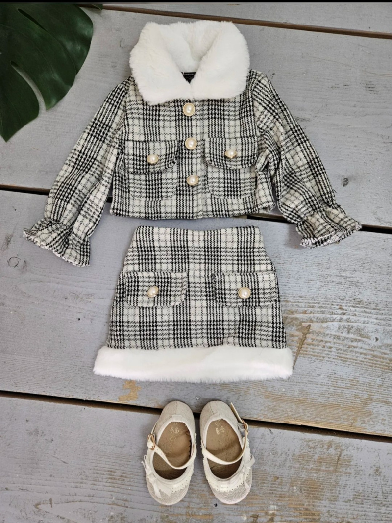 Mayorista Chicaprie - Conjunto para bebé niña con chaqueta de tweed a rayas y cuadros y falda corta con perlas y piel sintética