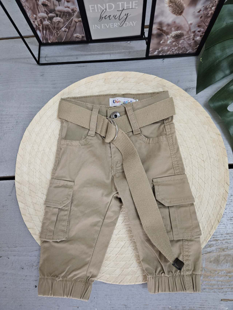 Grossiste Chicaprie - Pantalon Cargo Uni Poches Et Ceinture Urbain Explorateur Bébé Mixte