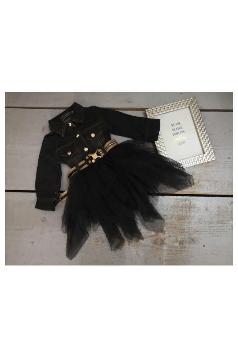 Wholesaler Chicaprie - Modern baby girl flared denim dress with buttons, belt and voile skirt